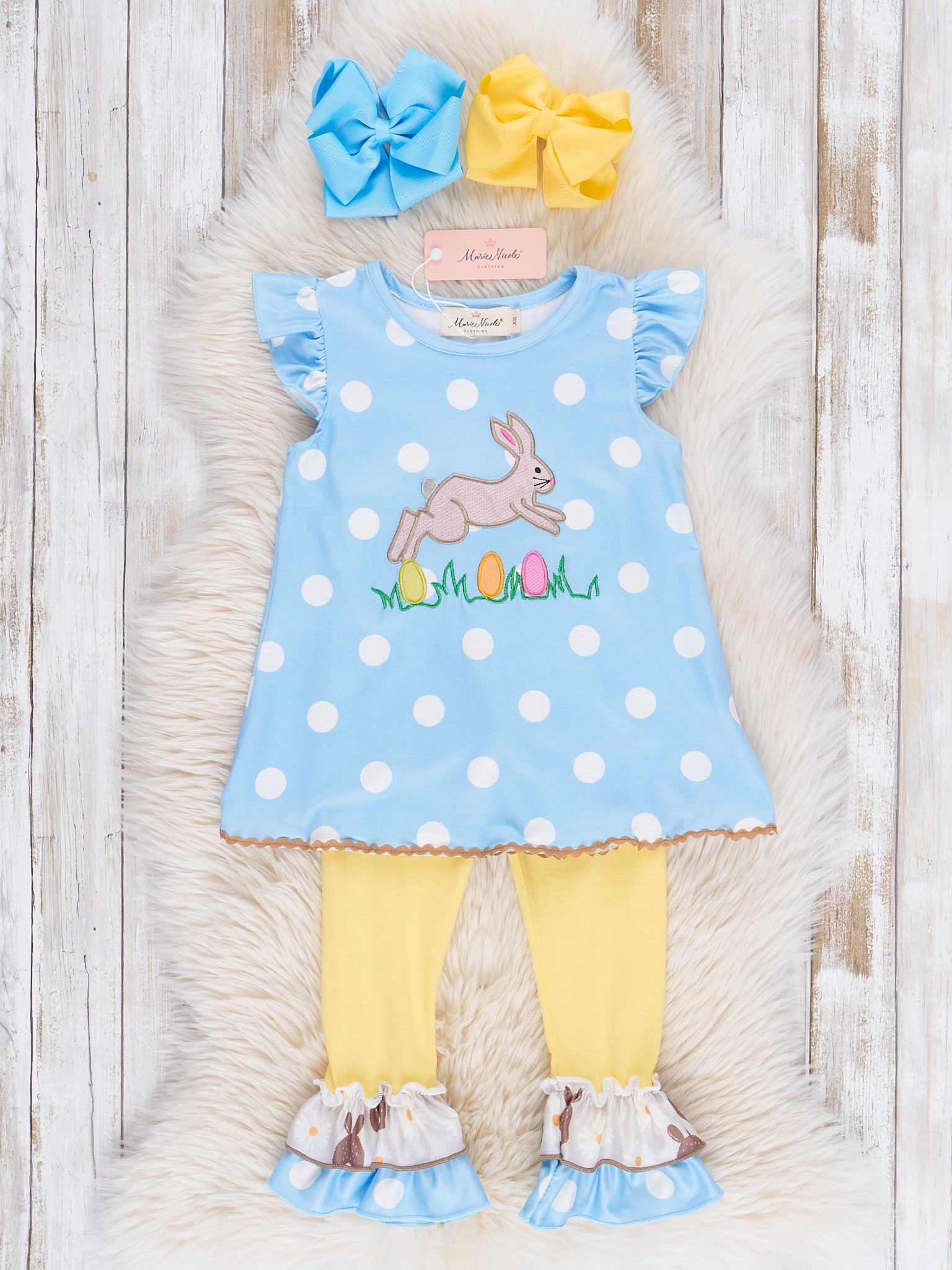 Blue Bunny Hop Polka Dot Ruffle Outfit - Marie Nicole Clothing