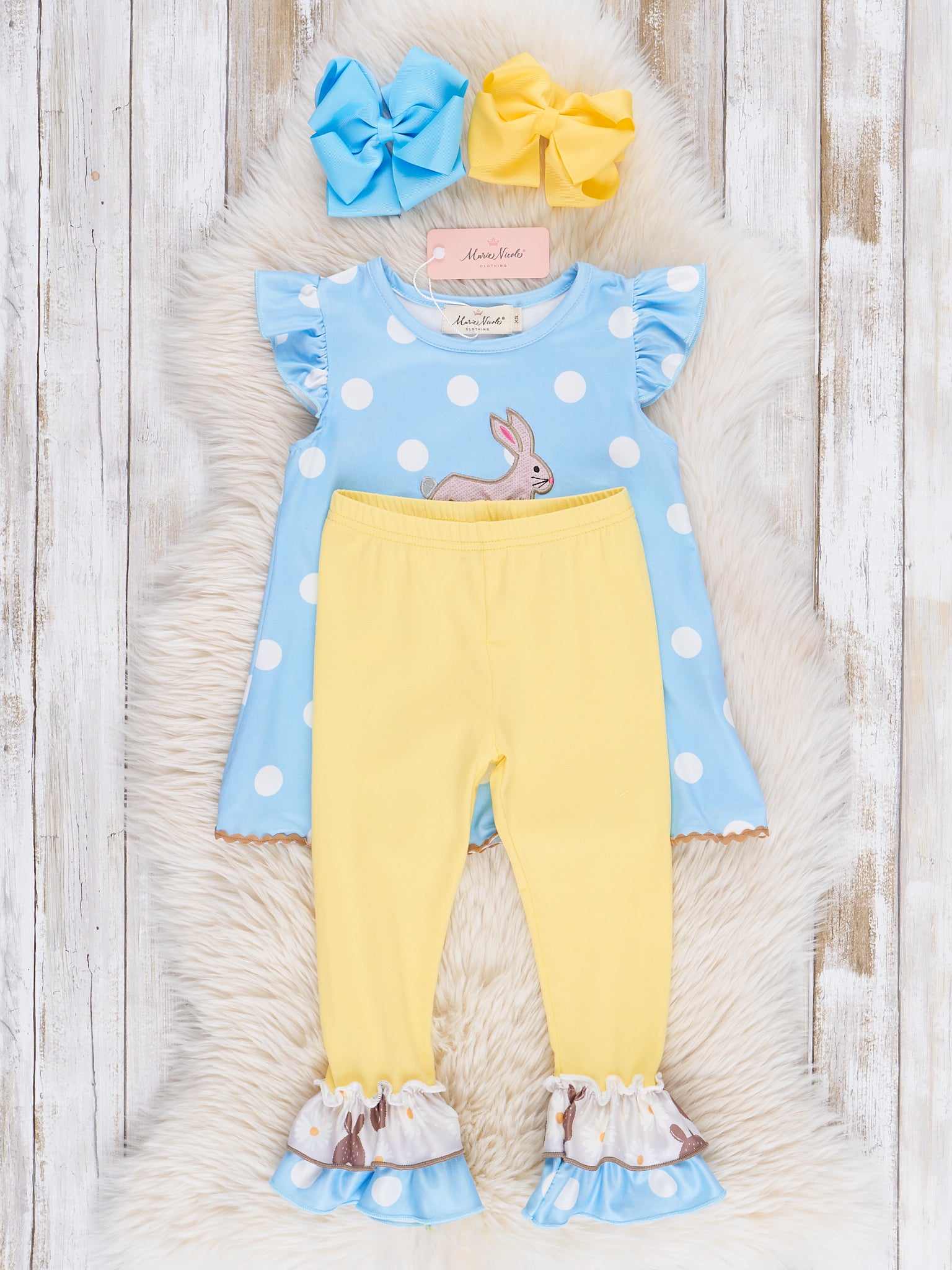 Blue Bunny Hop Polka Dot Ruffle Outfit - Marie Nicole Clothing