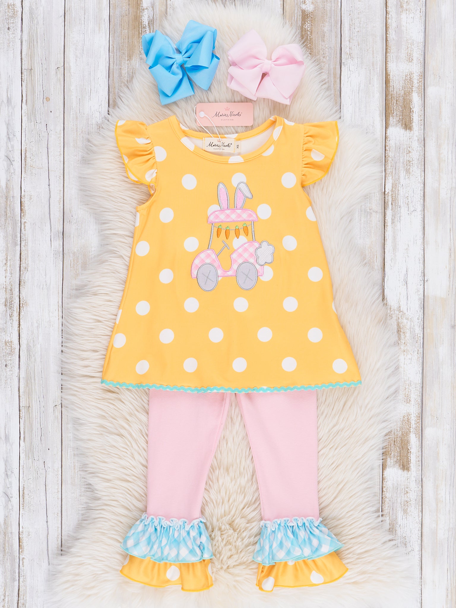 Yellow Embroidered Bunny Car Polka Dot Outfit - Marie Nicole Clothing