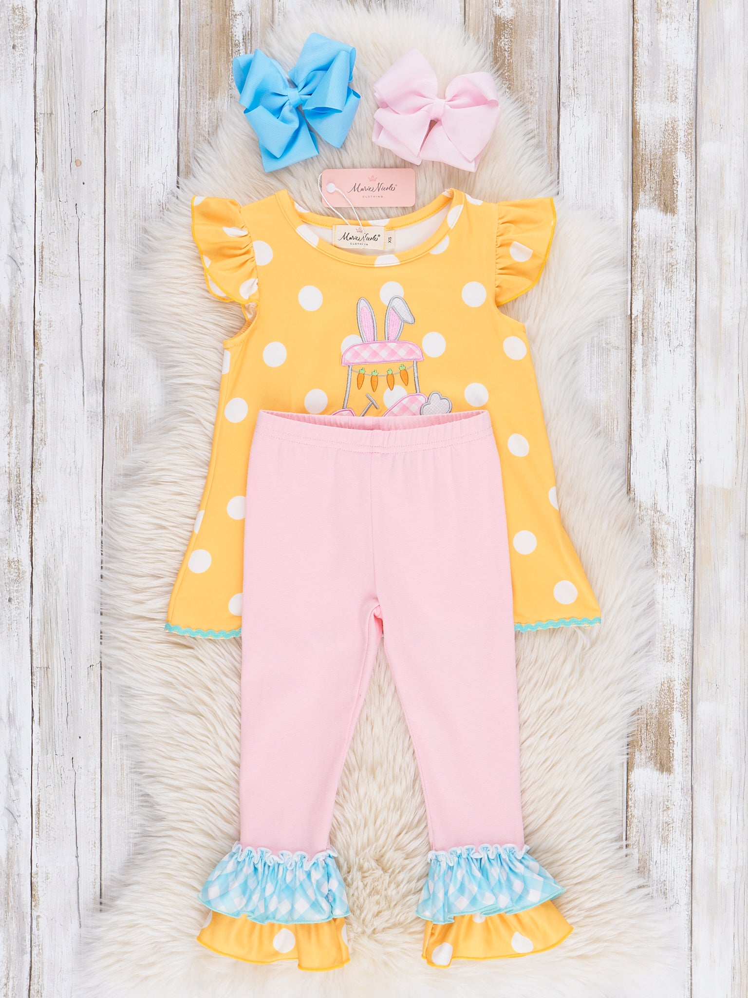 Yellow Embroidered Bunny Car Polka Dot Outfit - Marie Nicole Clothing