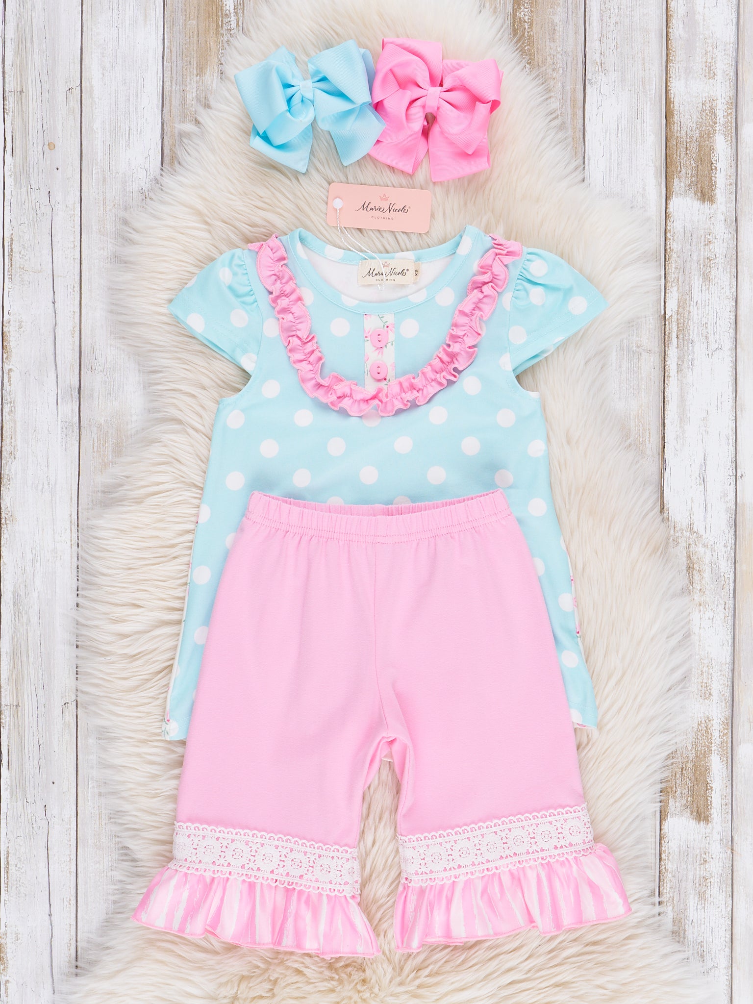 Sky Blue Polka Dot Ruffle Outfit - Marie Nicole Clothing