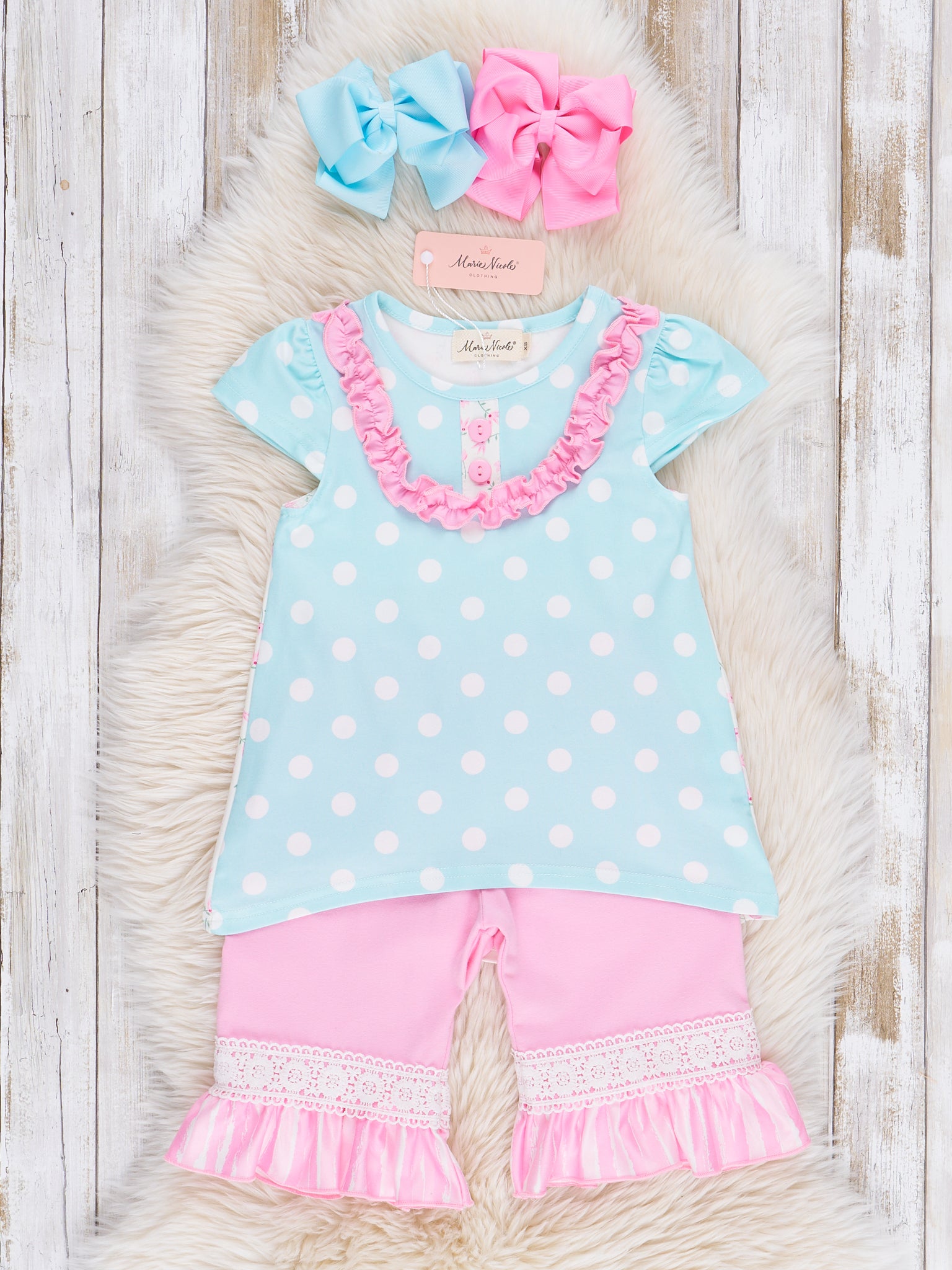 Sky Blue Polka Dot Ruffle Outfit - Marie Nicole Clothing