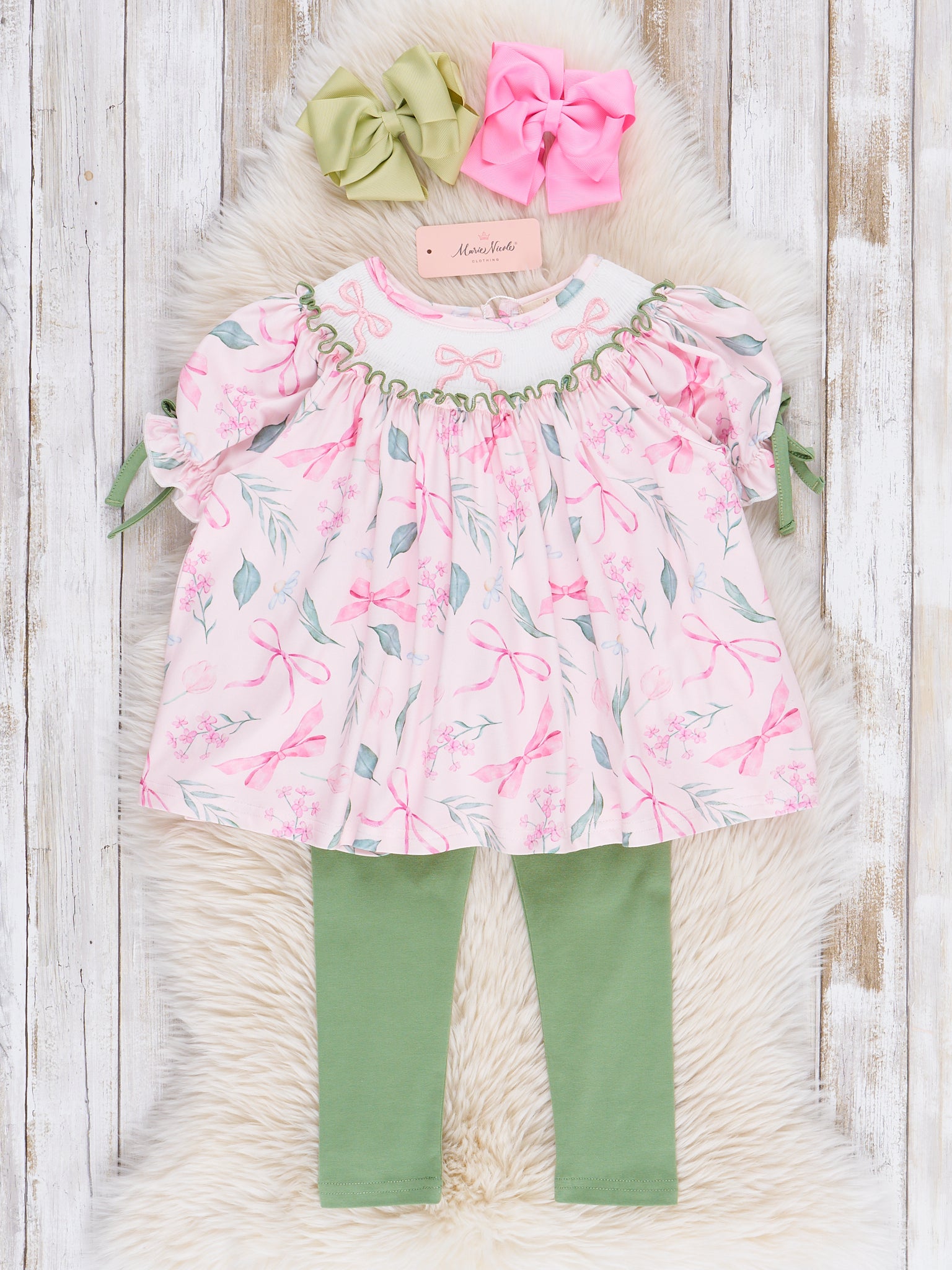 Pink & Green Smocked Bows Outfit - Marie Nicole Clothing