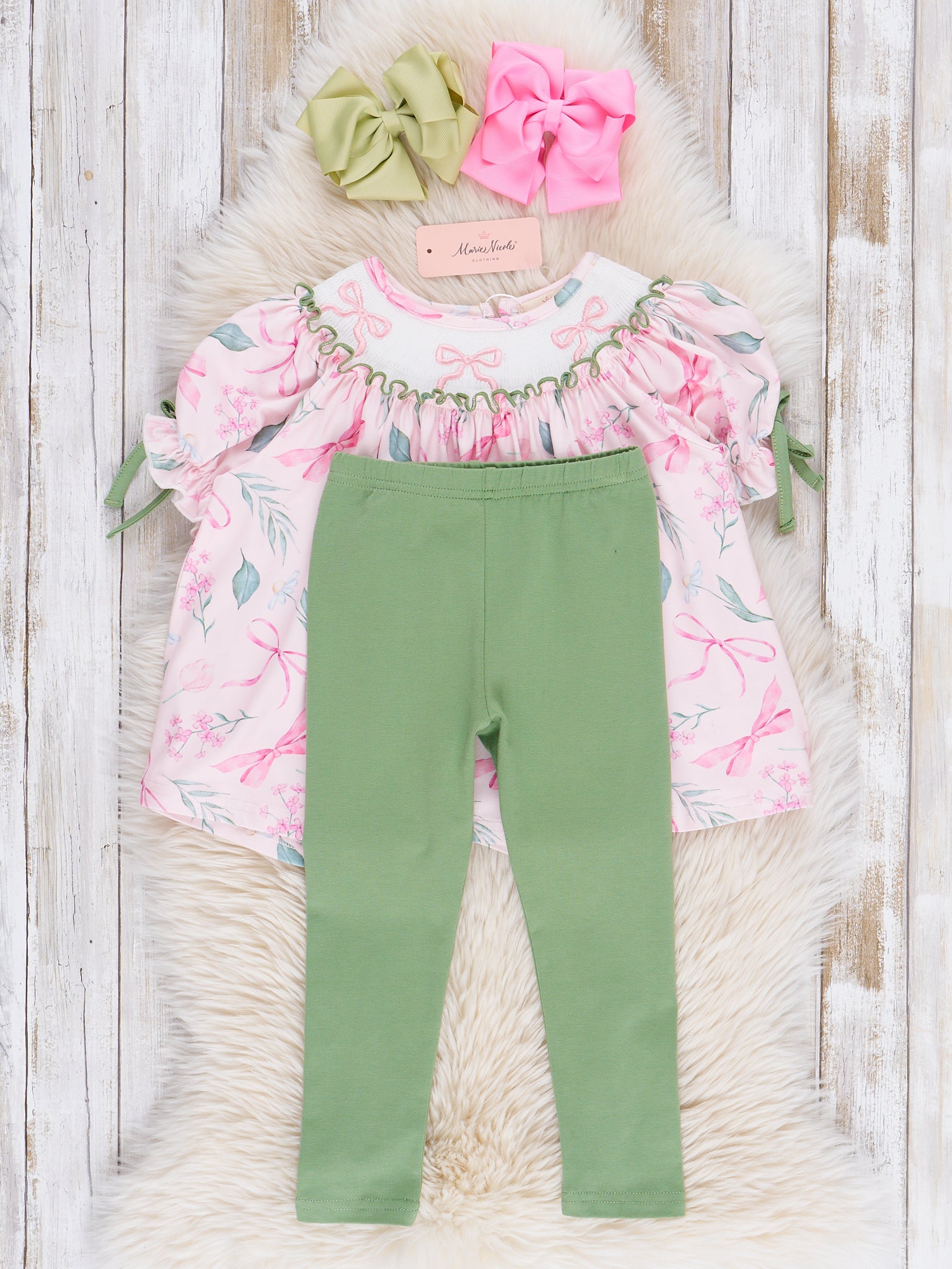 Pink & Green Smocked Bows Outfit - Marie Nicole Clothing