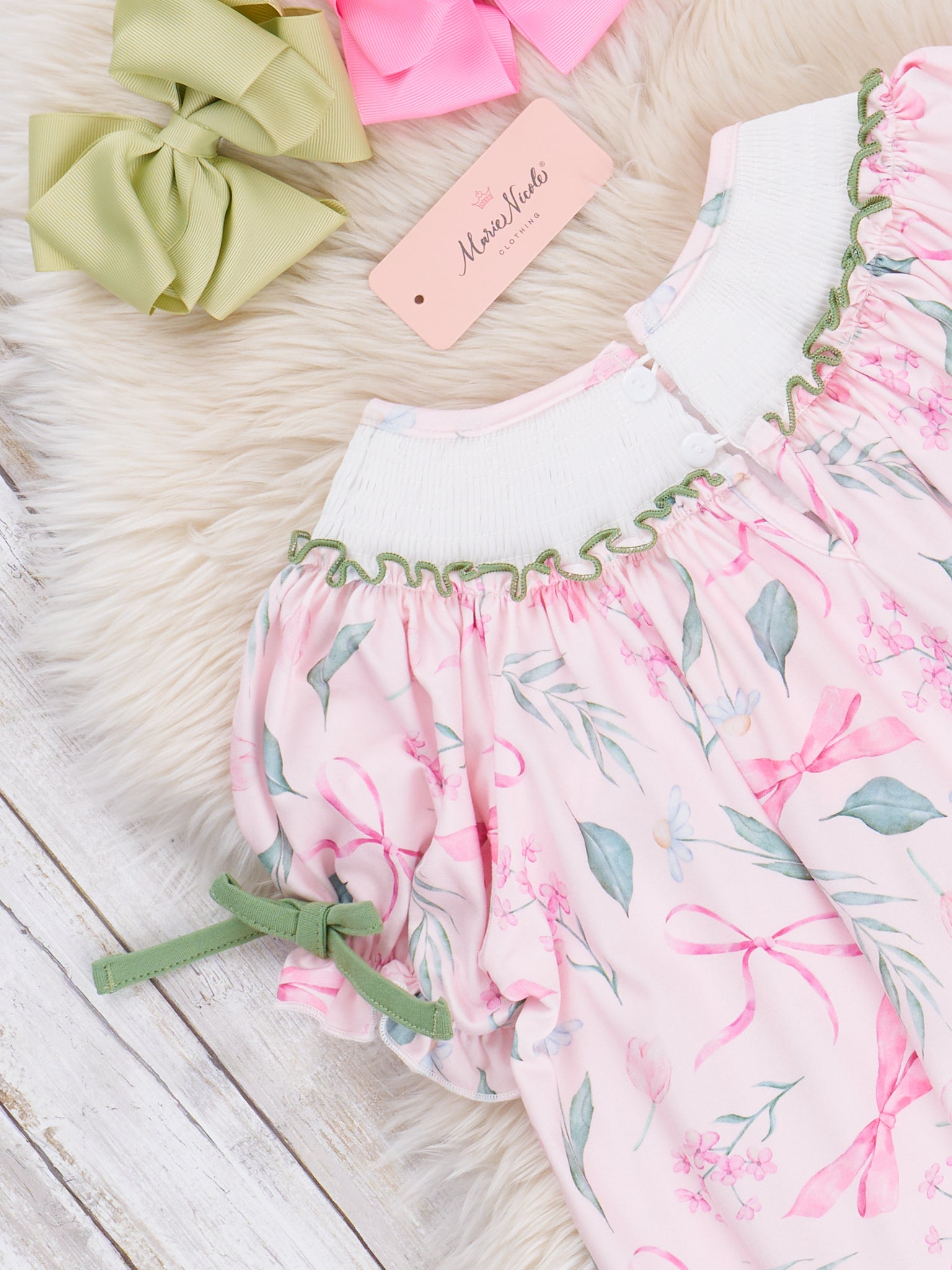 Pink & Green Smocked Bows Outfit - Marie Nicole Clothing