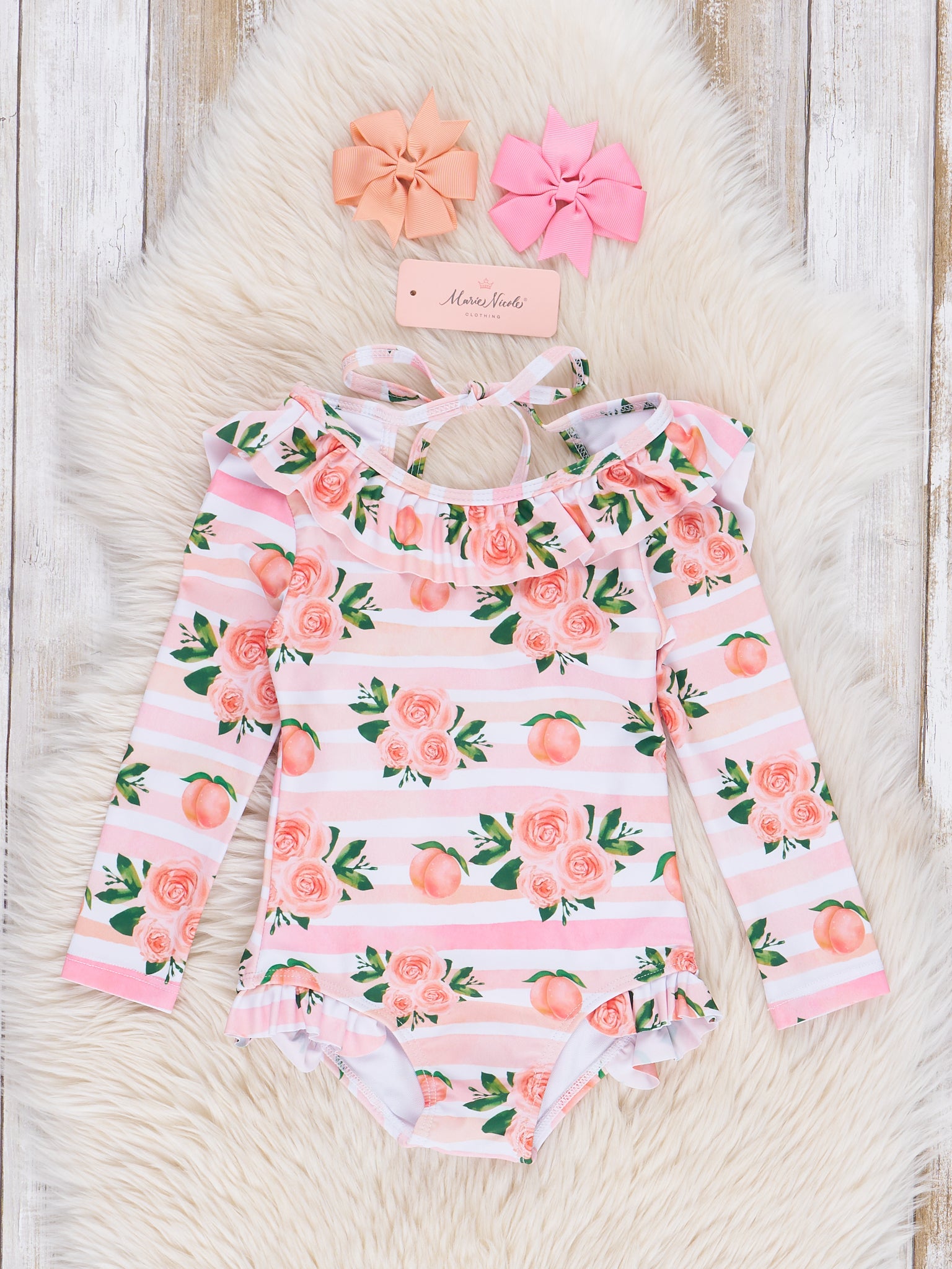 Coral Floral Peaches Ruffle Rash Guard Swimsuit - Marie Nicole Clothing