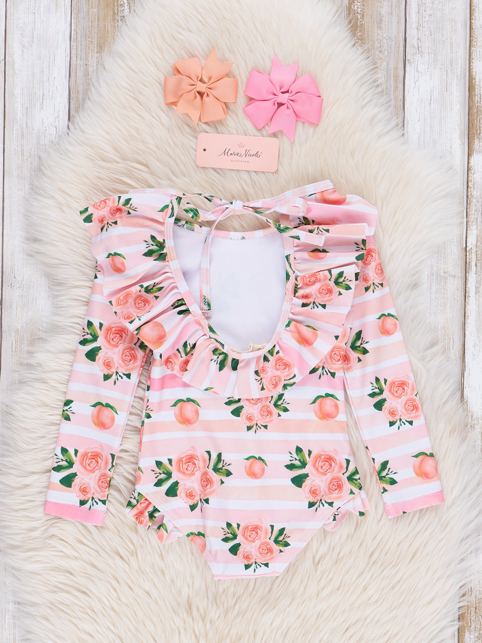 Coral Floral Peaches Ruffle Rash Guard Swimsuit - Marie Nicole Clothing