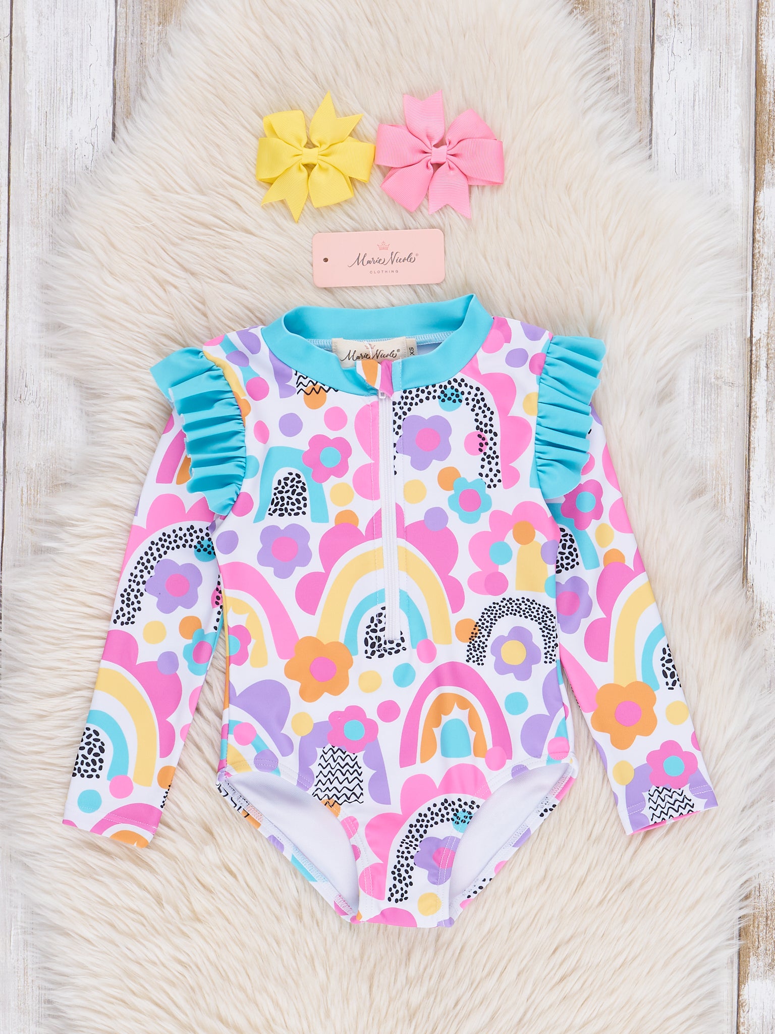 Bright Rainbows Ruffle One - Piece Rashguard Swimsuit - Marie Nicole Clothing