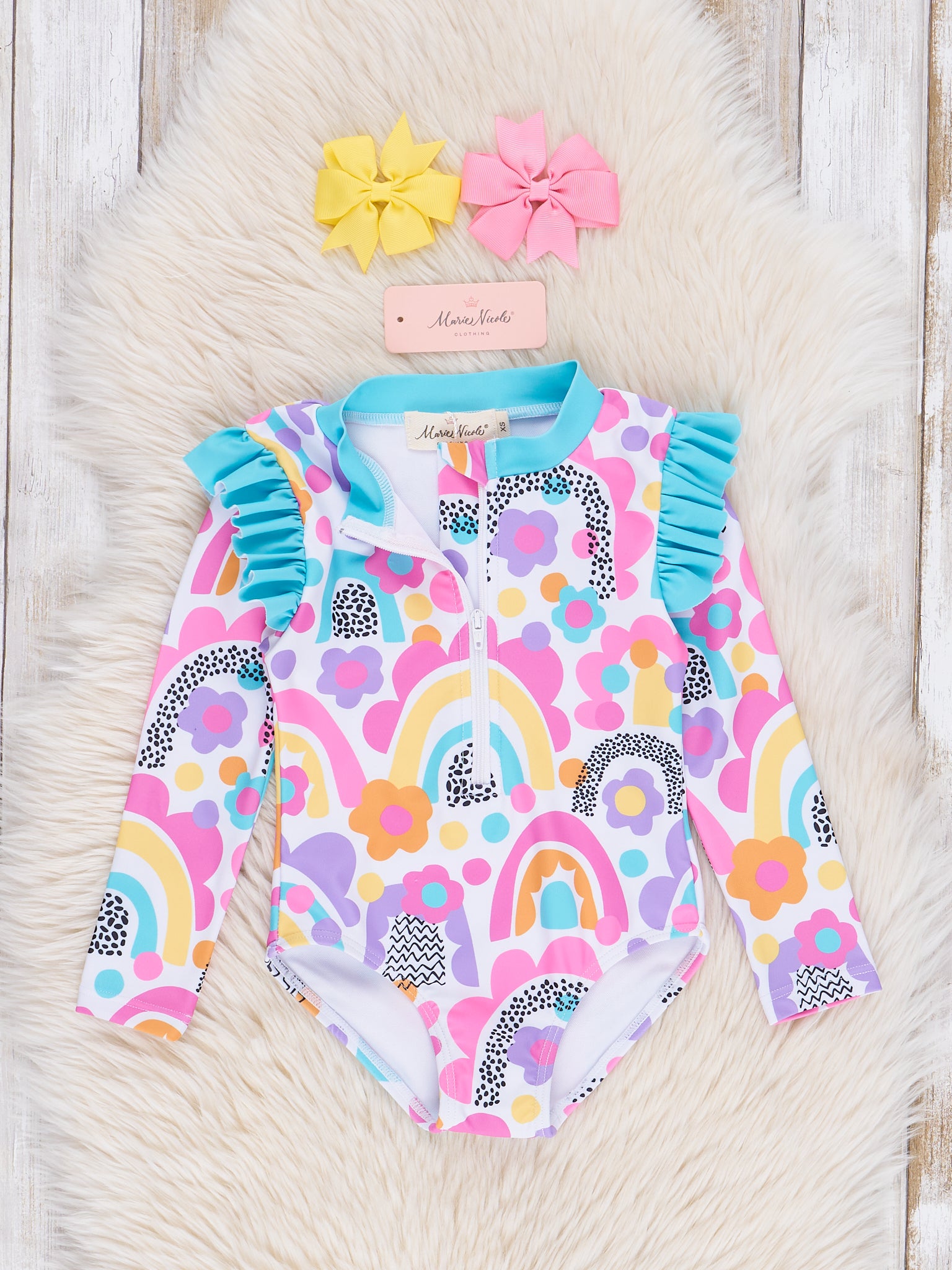 Bright Rainbows Ruffle One - Piece Rashguard Swimsuit - Marie Nicole Clothing