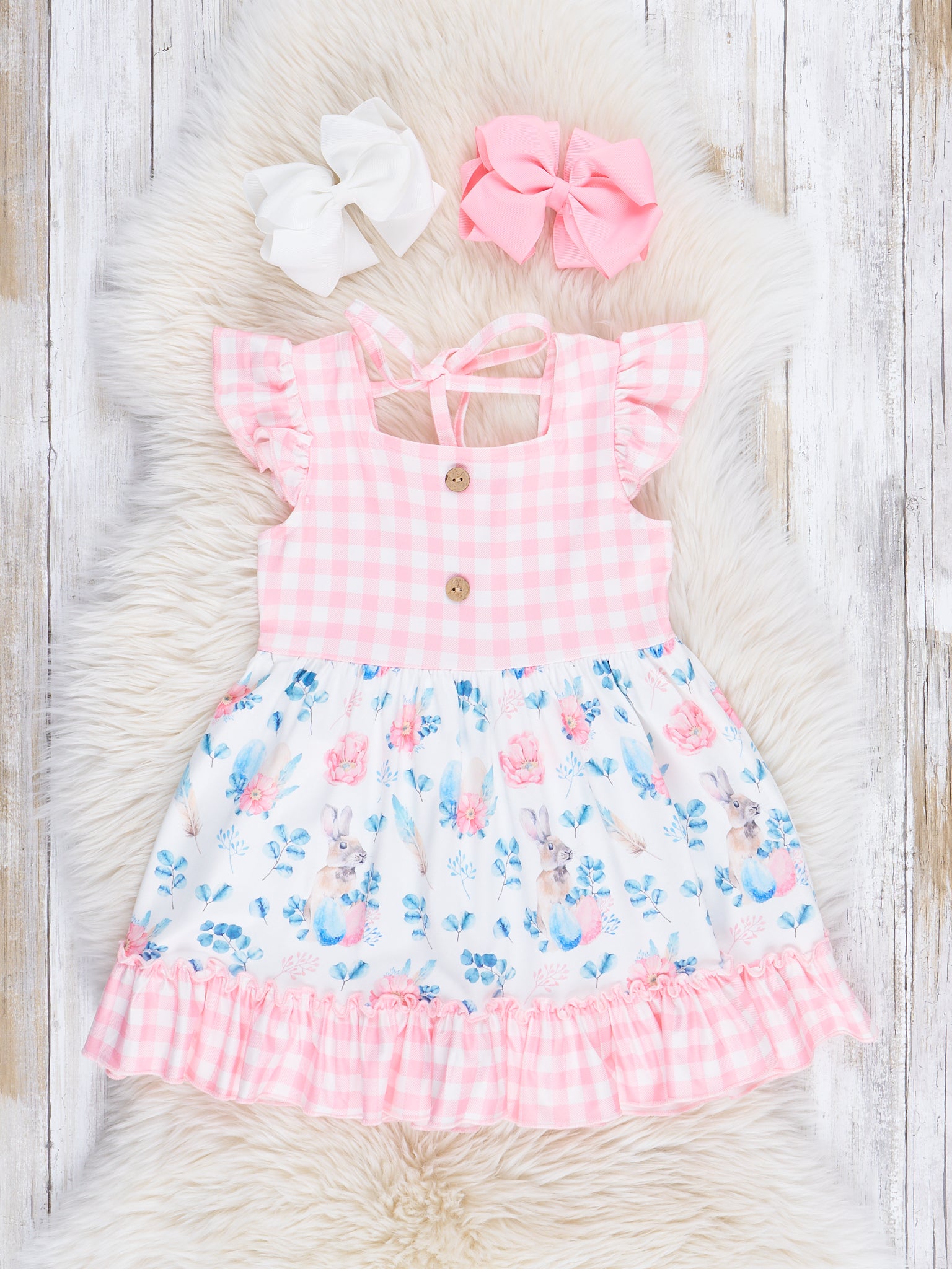 Coral Gingham Floral Easter Bunny Dress - Marie Nicole Clothing