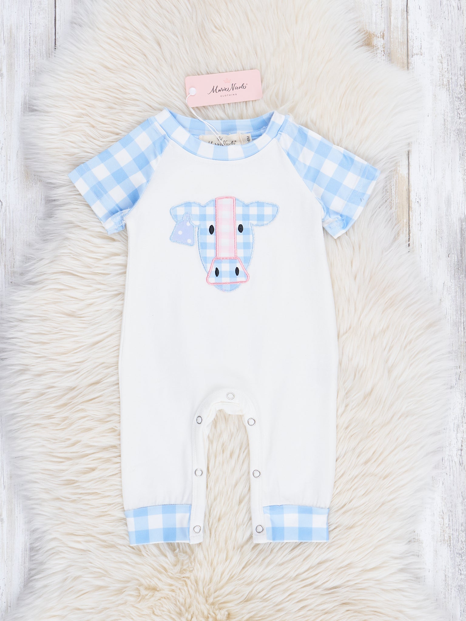 Baby Blue Gingham Cow Raglan Romper - Marie Nicole Clothing