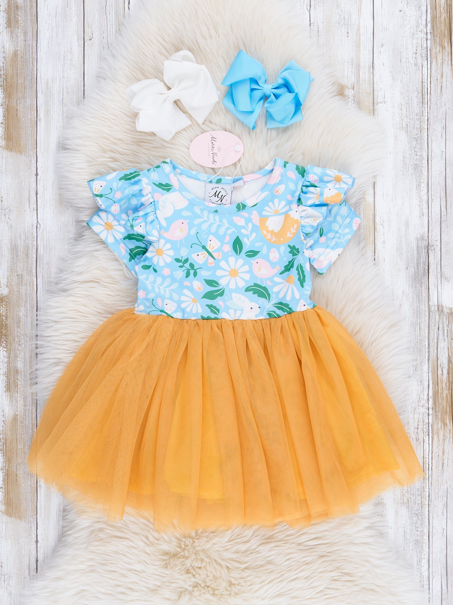 Mustard Bunny Daisy Tulle Ruffle Dress - Marie Nicole Clothing