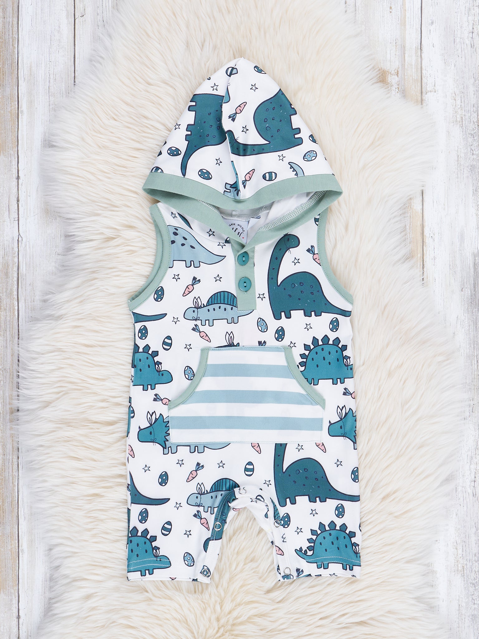 Sage Dino Pocket Hoodie Romper - Marie Nicole Clothing