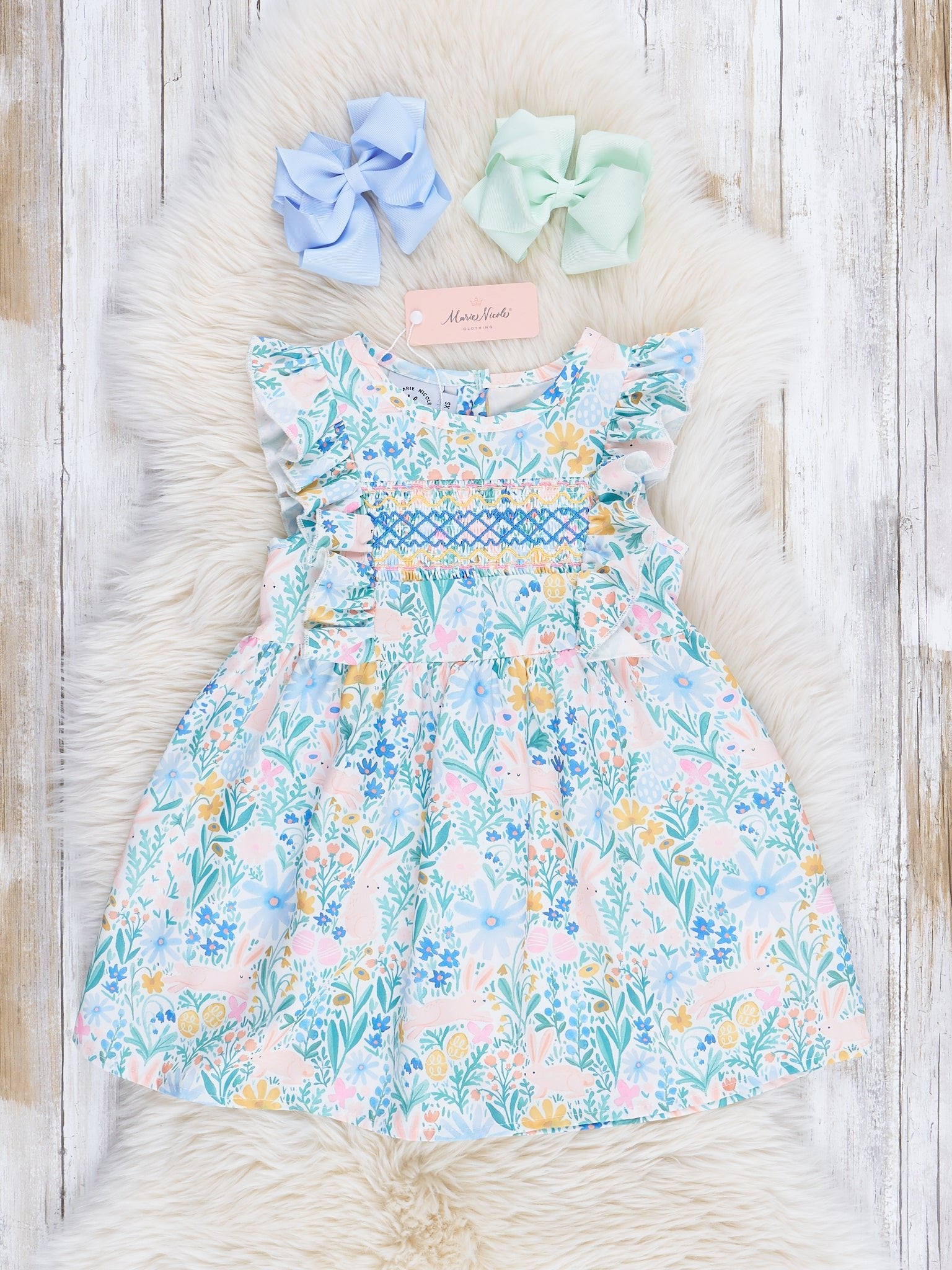 Blue Daisy Smocked Bunny Ruffle Dress - Marie Nicole Clothing