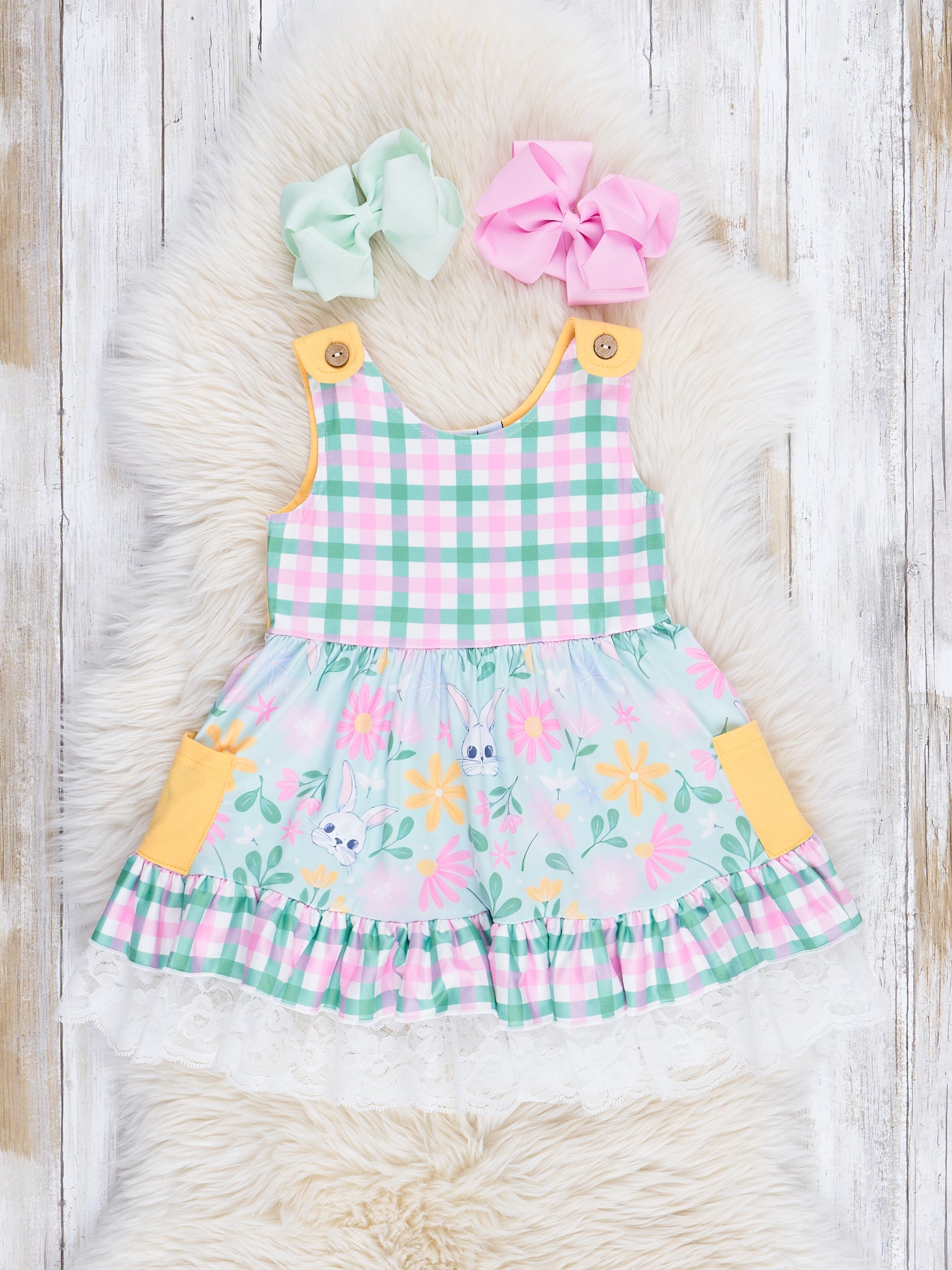 Pink & Green Gingham Bunny Ruffle Dress - Marie Nicole Clothing