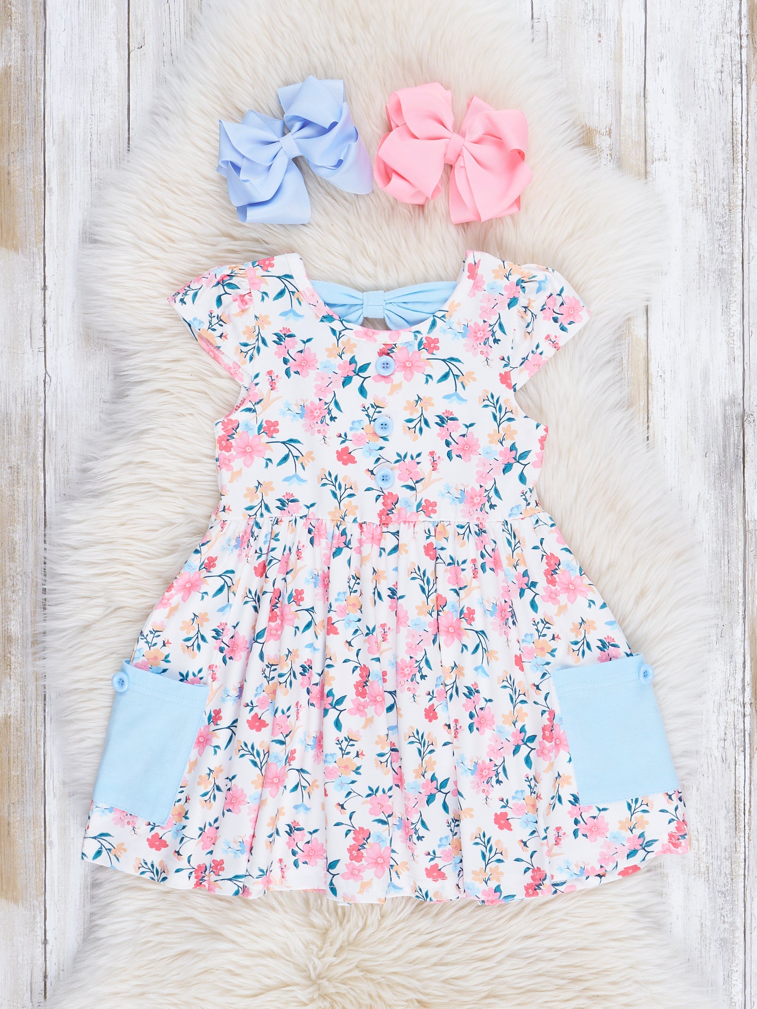 Blue & Pink Ditsy Floral Pocket Bow Dress - Marie Nicole Clothing