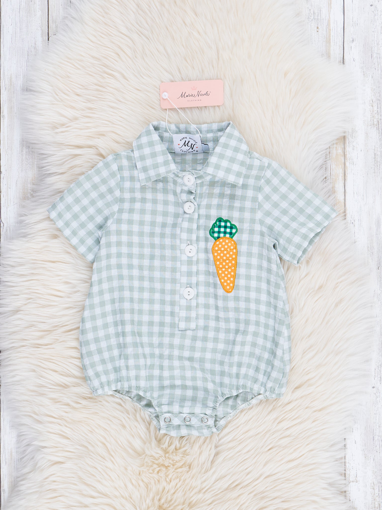 Sage Gingham Carrot Button Down Romper - Marie Nicole Clothing
