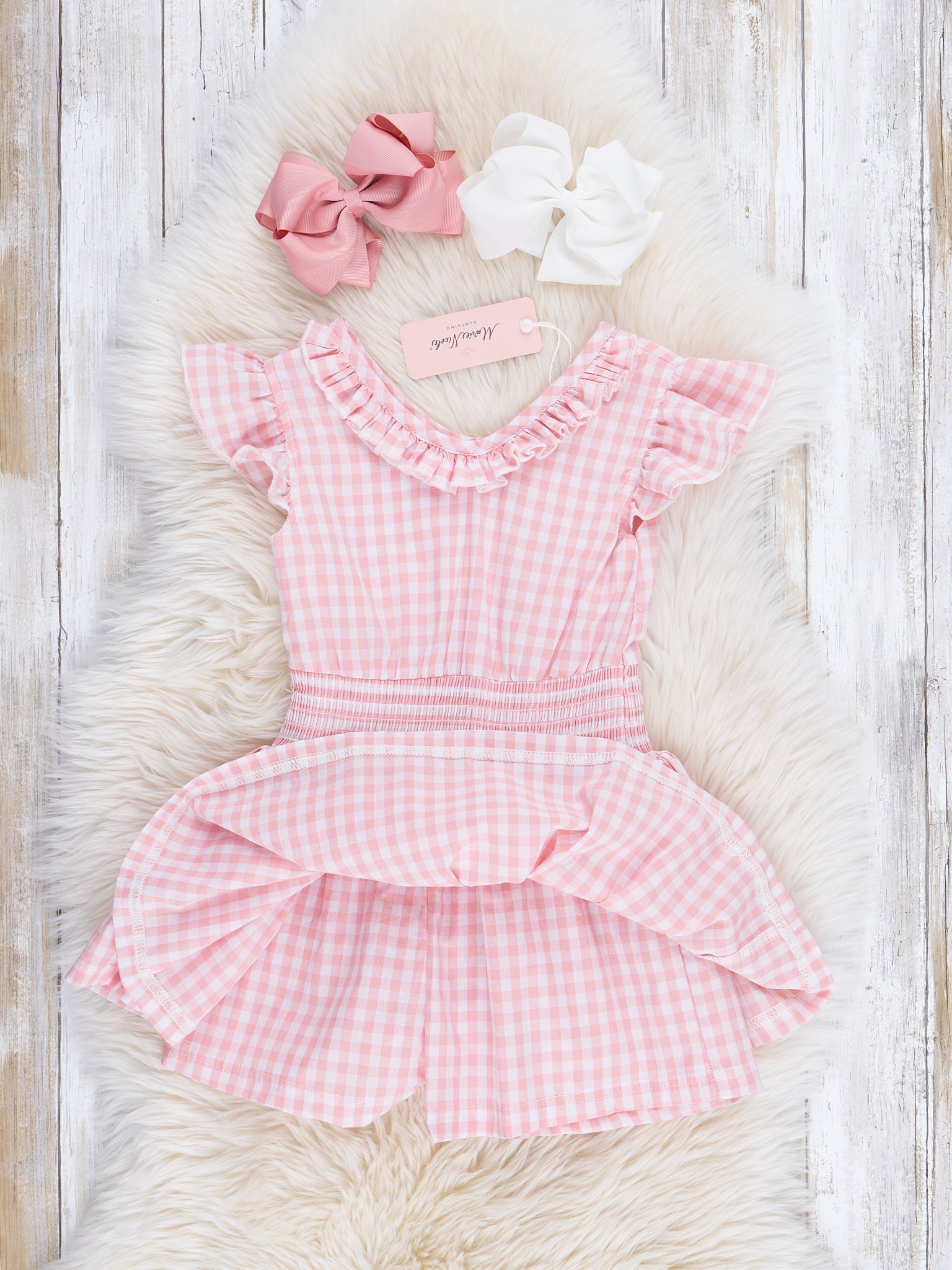 Soft Pink Gingham Ruffle Romper - Marie Nicole Clothing
