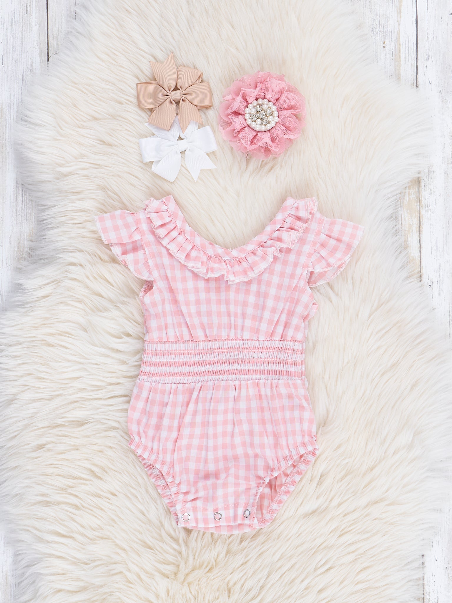Soft Pink Gingham Ruffle Bubble Romper - Marie Nicole Clothing