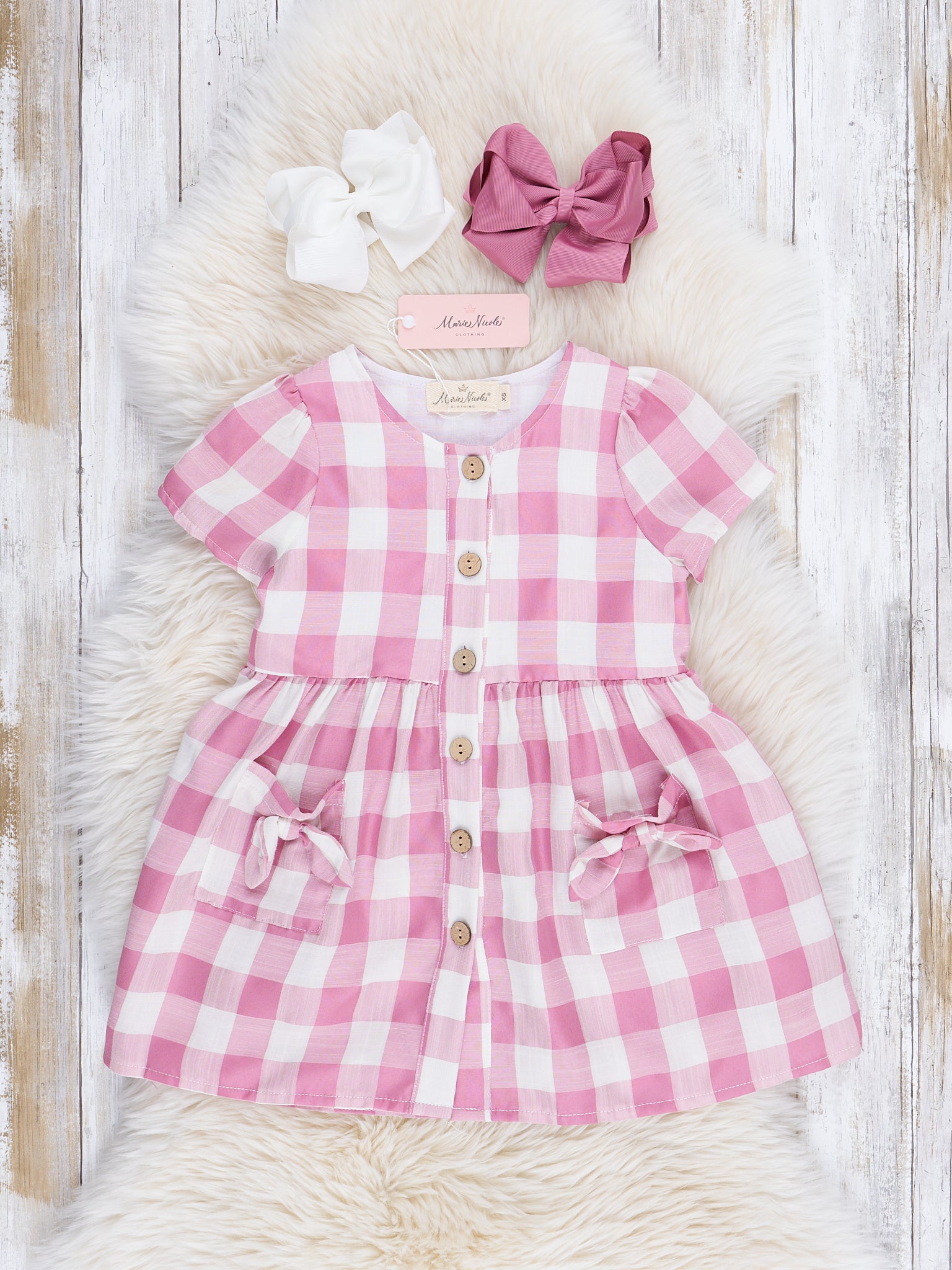Dusty Rose Gingham Button Dress - Marie Nicole Clothing
