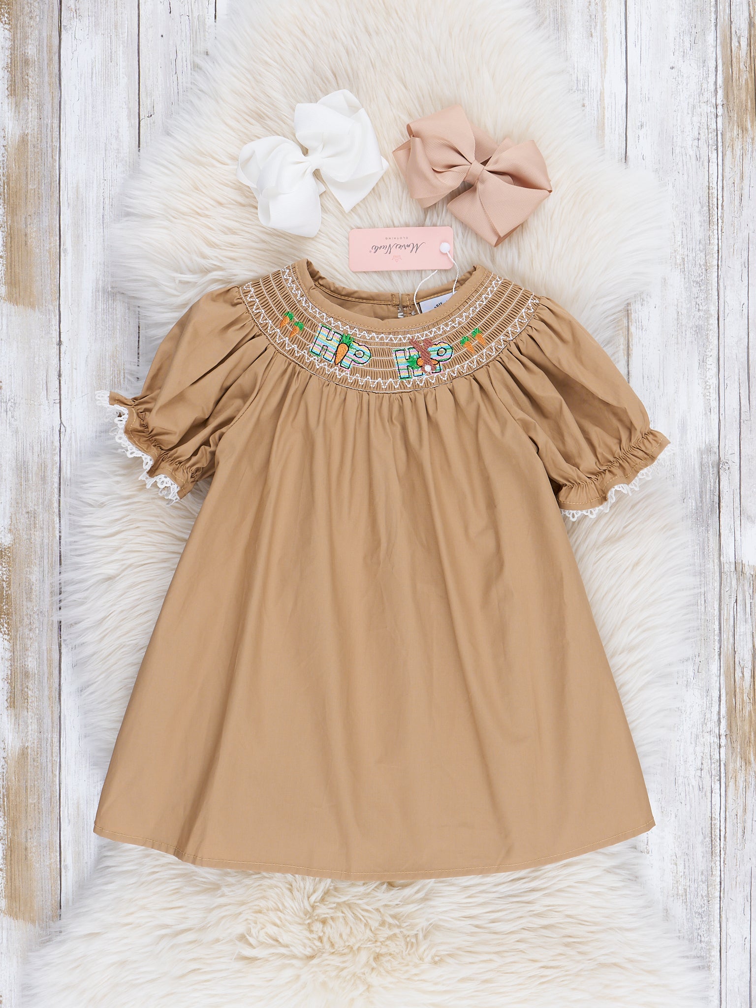 Tan Smocked "Hip Hop" Dress - Marie Nicole Clothing
