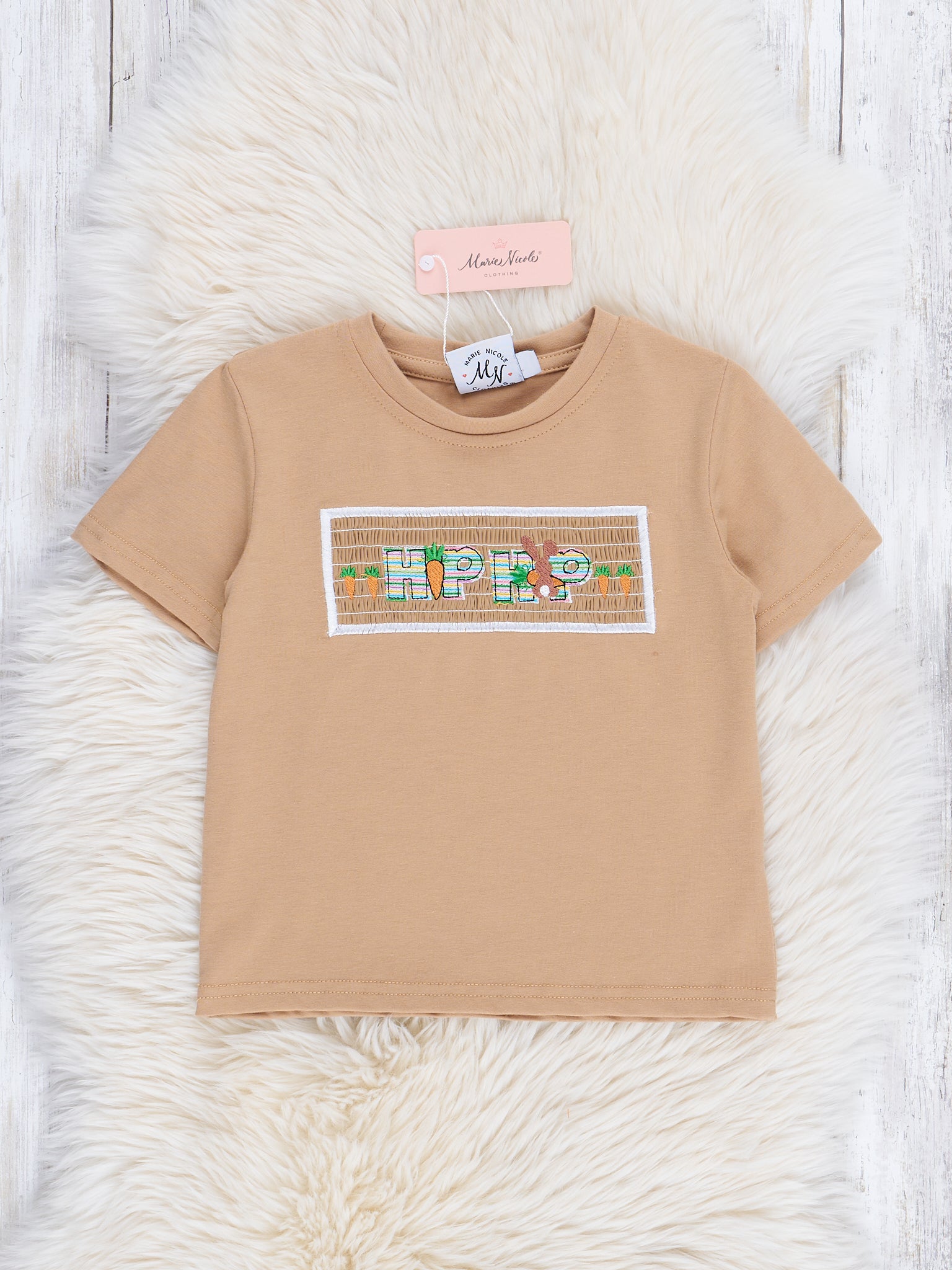 Tan Smocked "Hip Hop" Shirt - Marie Nicole Clothing