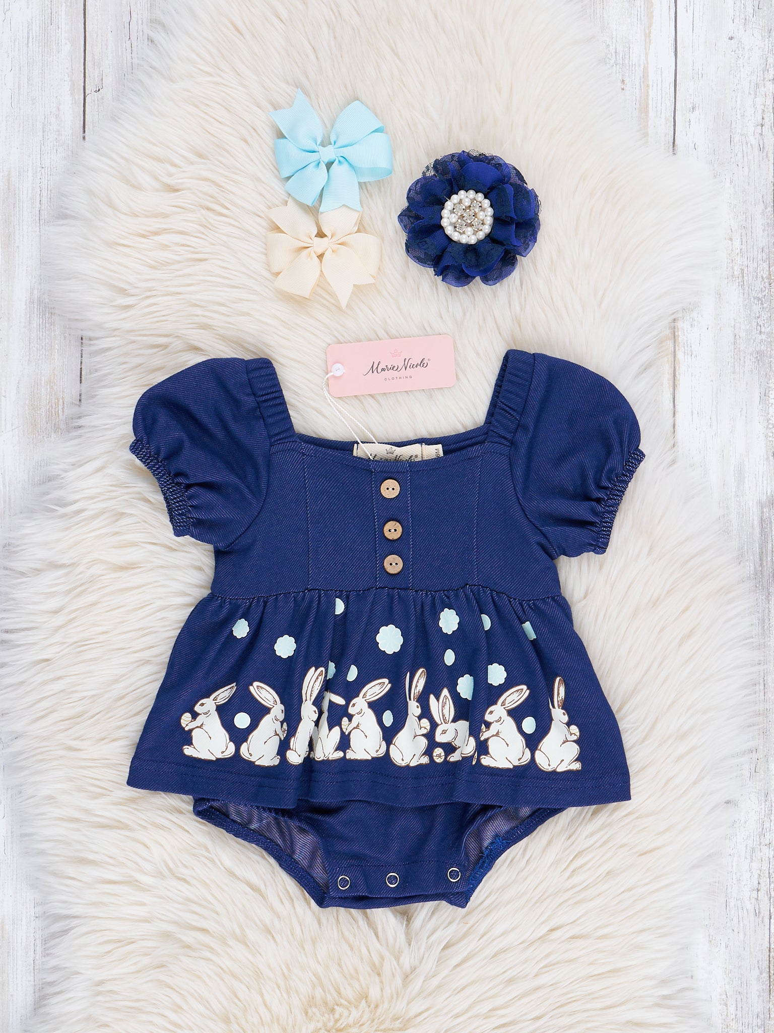 Chambray Puff Sleeve Bunny Bubble Romper - Marie Nicole Clothing