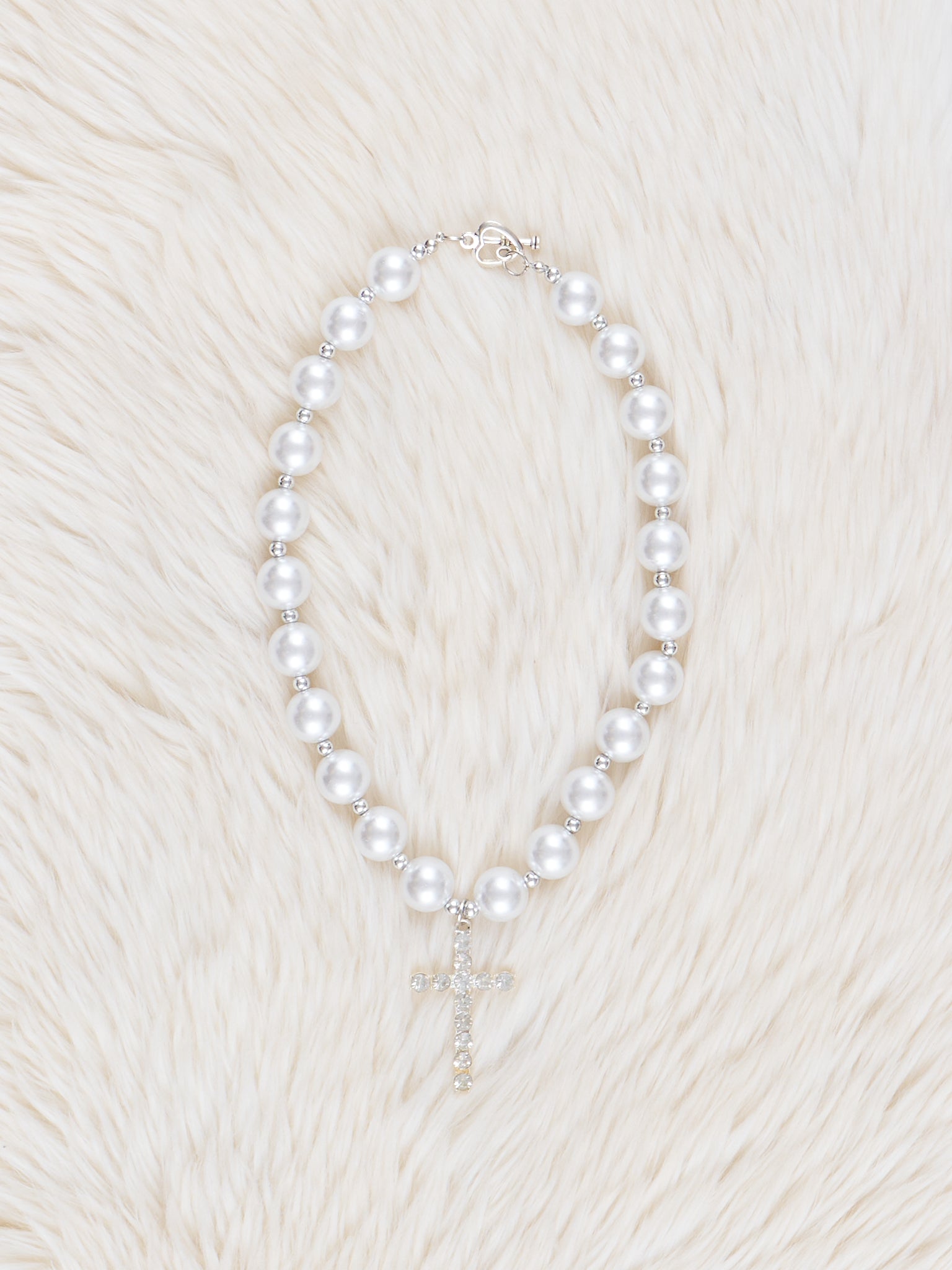 Silver Pearl Cross Bubblegum Necklace - Marie Nicole Clothing