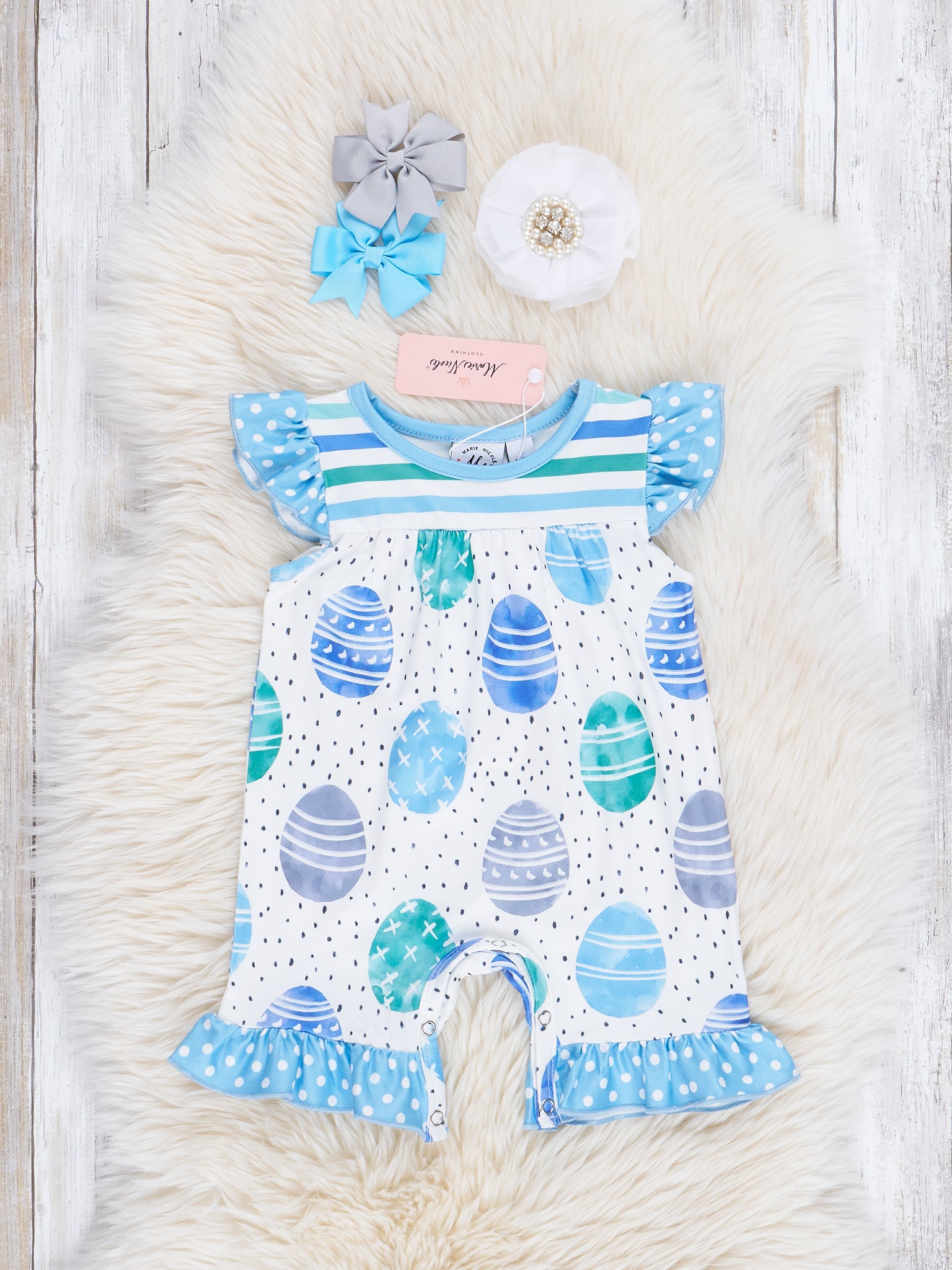 Blue Easter Egg Polka Dot Ruffle Romper - Marie Nicole Clothing