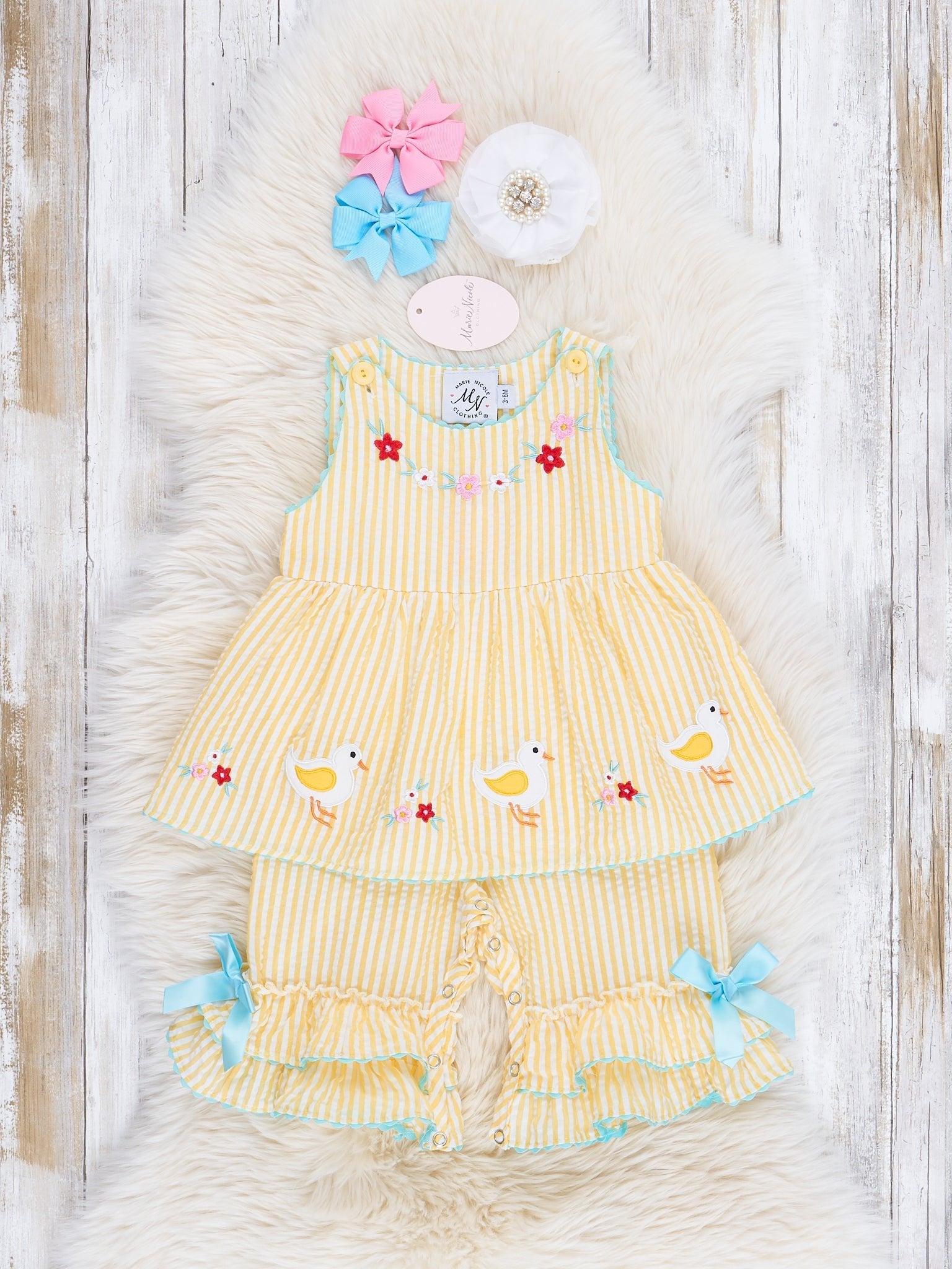 Yellow Gingham Floral Duck Romper - Marie Nicole Clothing