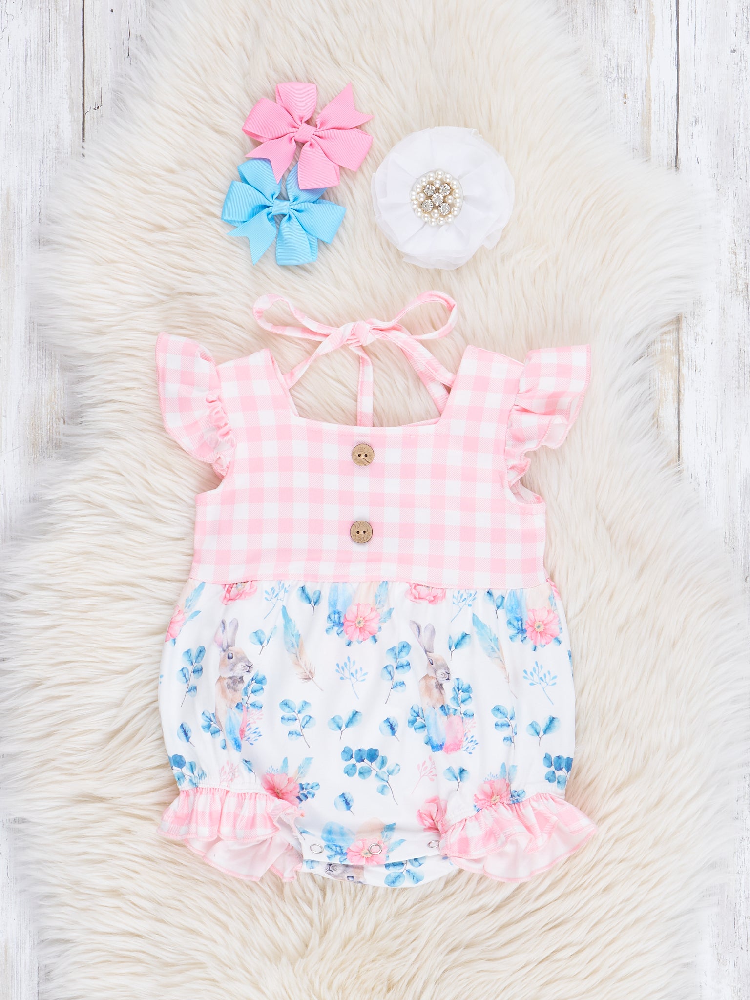 Coral Gingham Floral Easter Bunny Bubble Romper - Marie Nicole Clothing