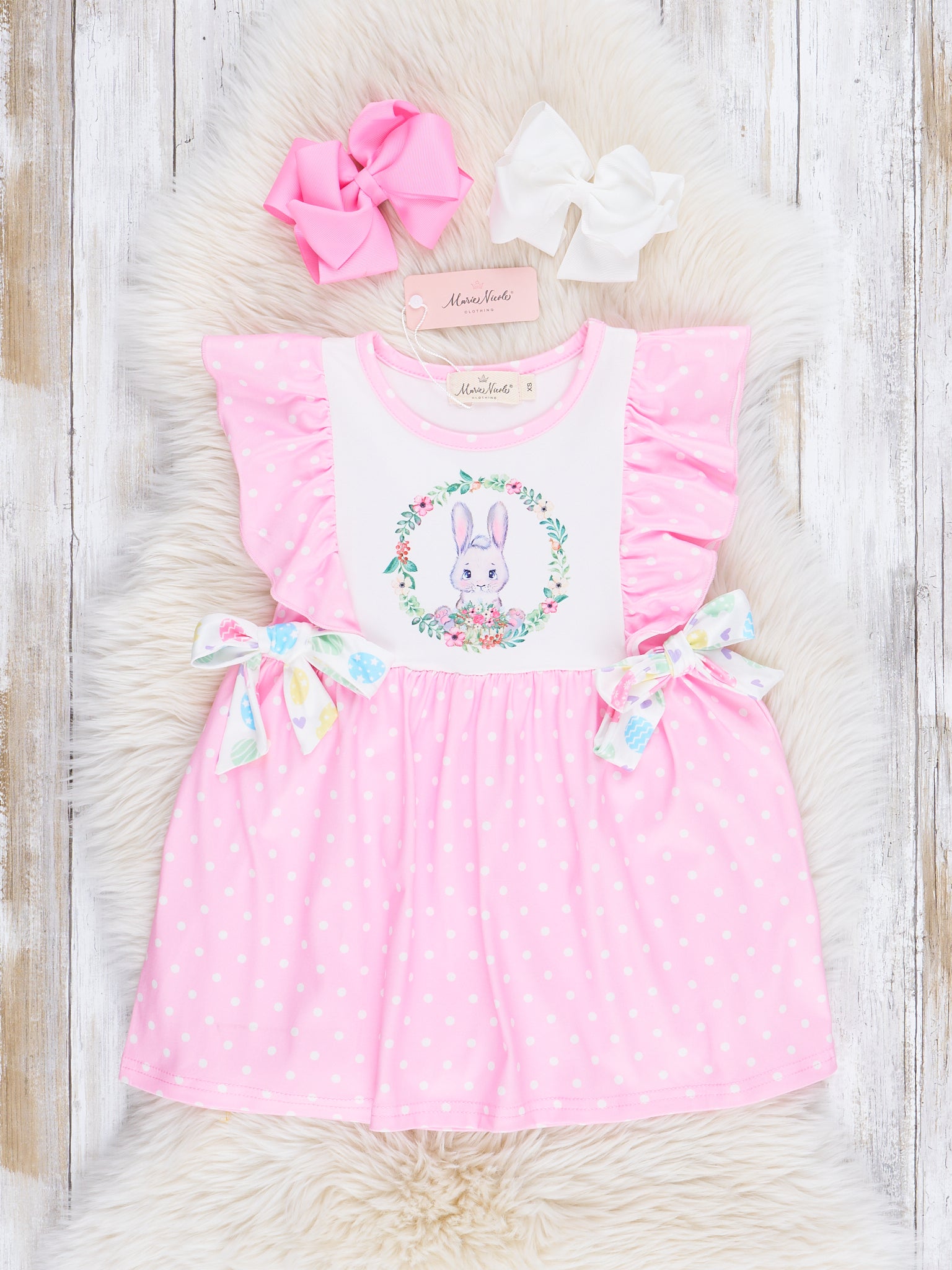 Pink Polka Dot Bunny Ruffle Dress - Marie Nicole Clothing
