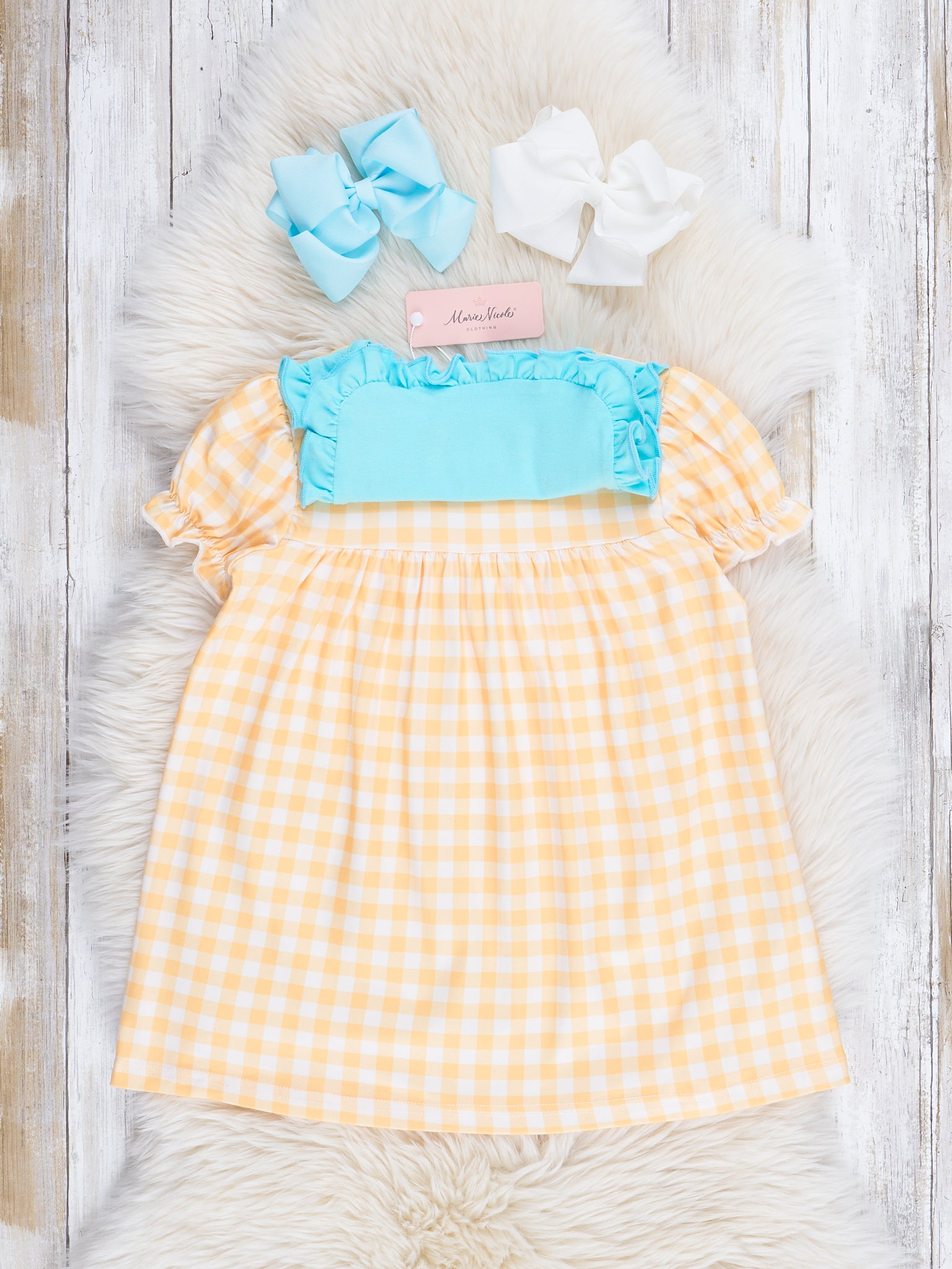 Yellow Gingham Chick Ruffle Dress - Marie Nicole Clothing