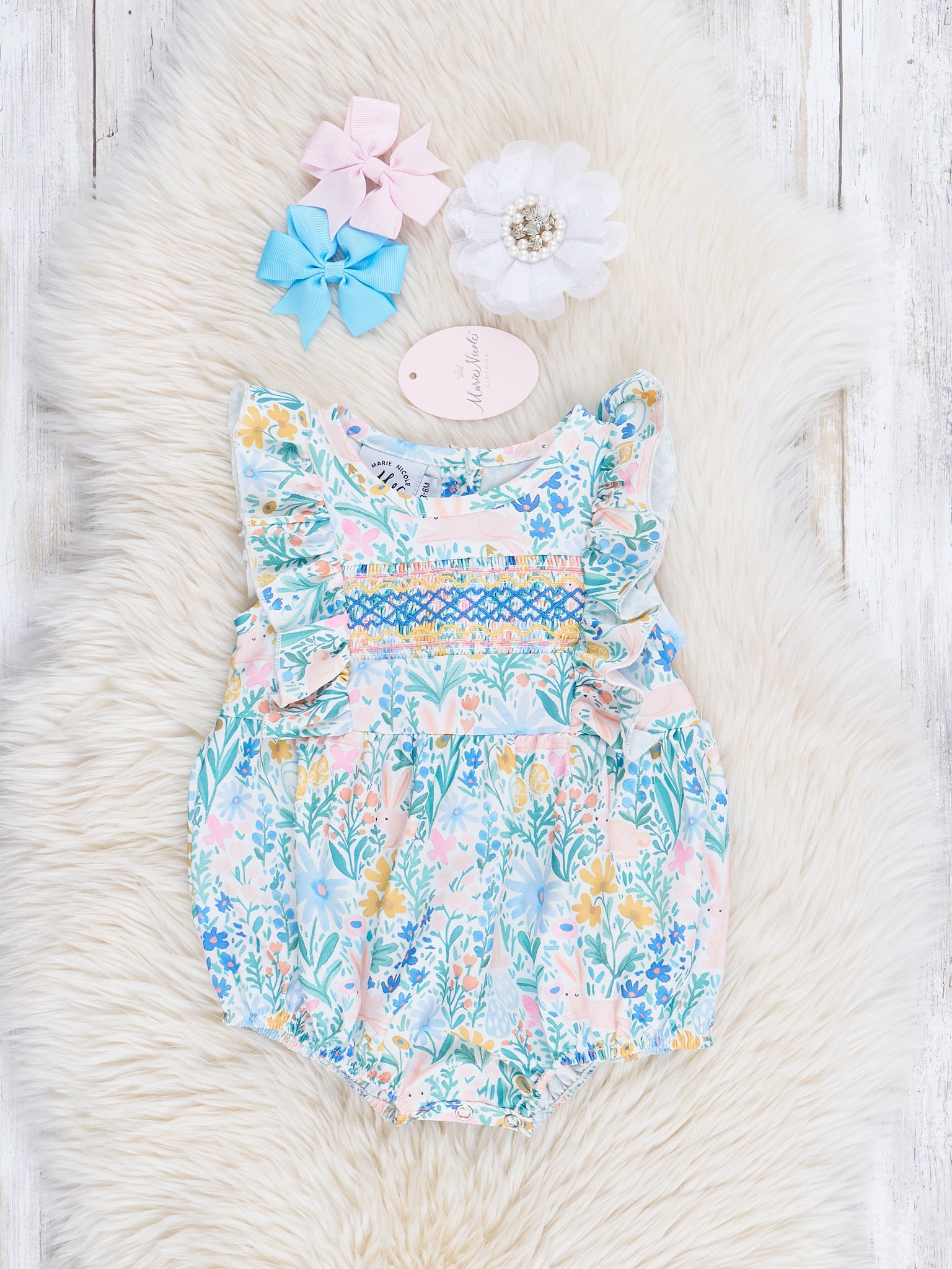 Blue Daisy Smocked Bunny Ruffle Bubble Romper - Marie Nicole Clothing