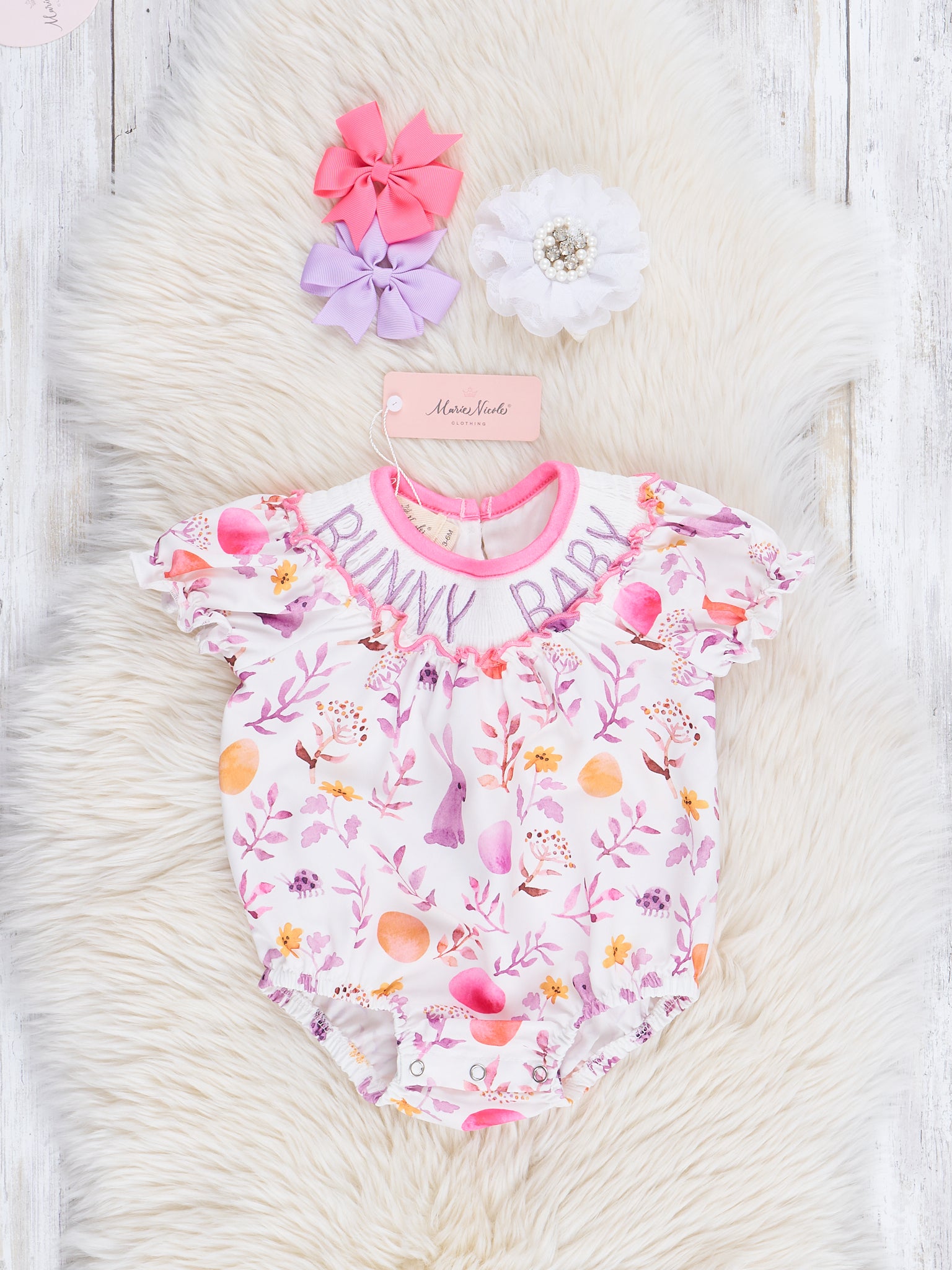 Pink & Purple Smocked "Bunny Baby" Bubble Romper - Marie Nicole Clothing