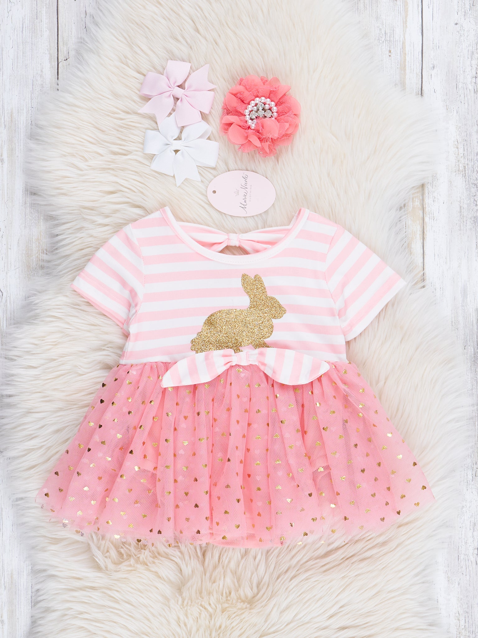 Striped Gold Bunny Tulle Dressy Romper - Marie Nicole Clothing