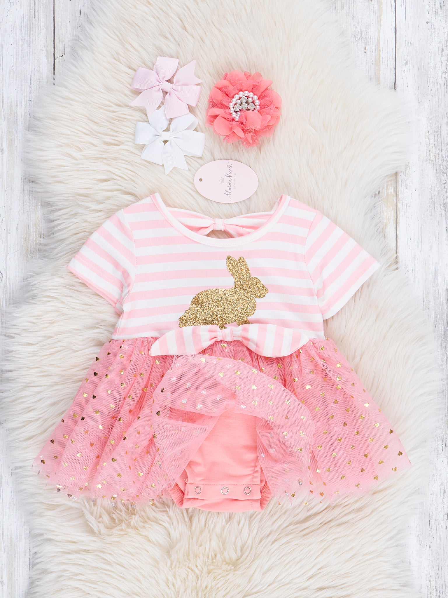 Striped Gold Bunny Tulle Dressy Romper - Marie Nicole Clothing
