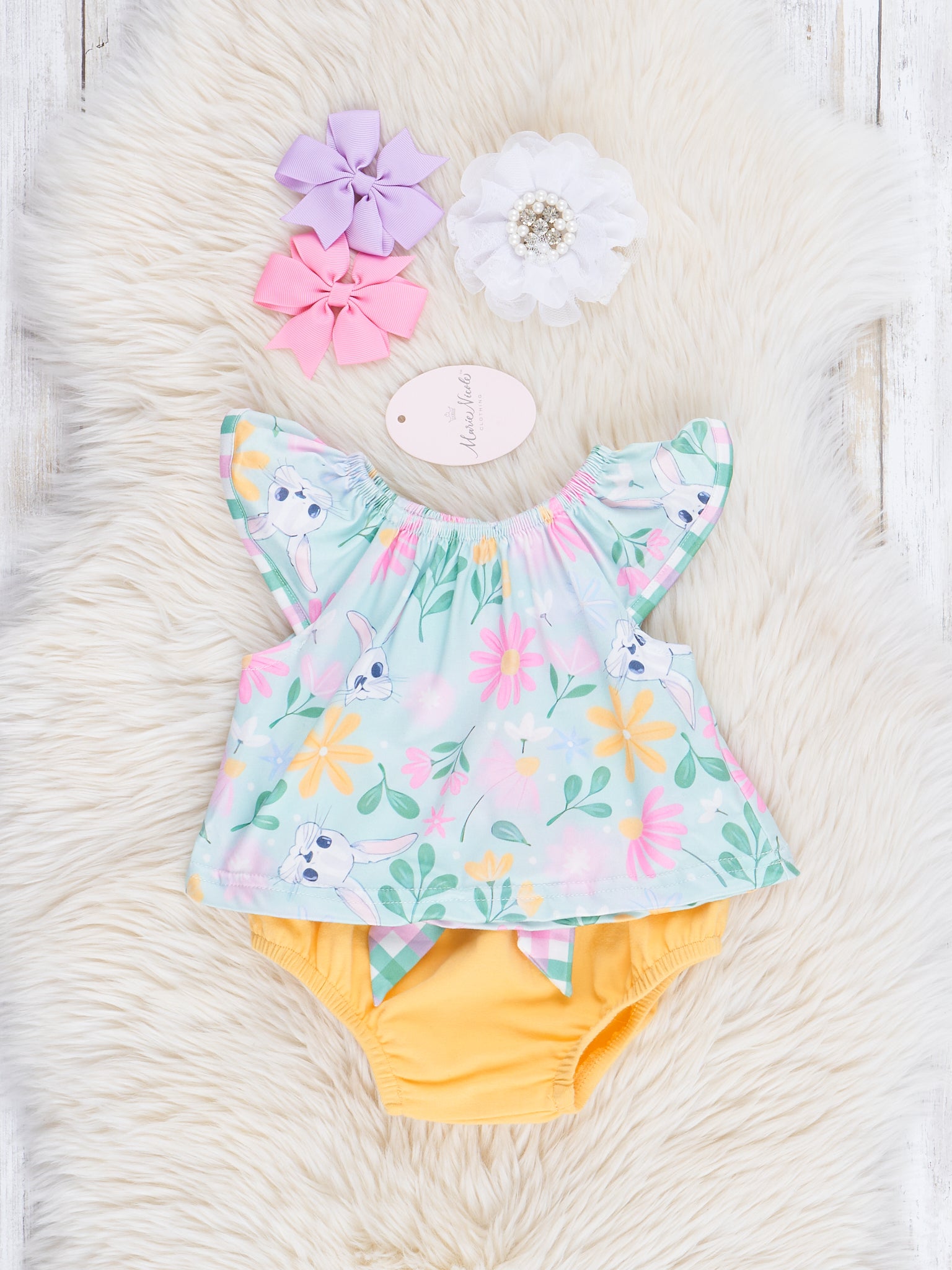 Pink & Green Gingham Bunny Ruffle Top & Bloomers Set - Marie Nicole Clothing