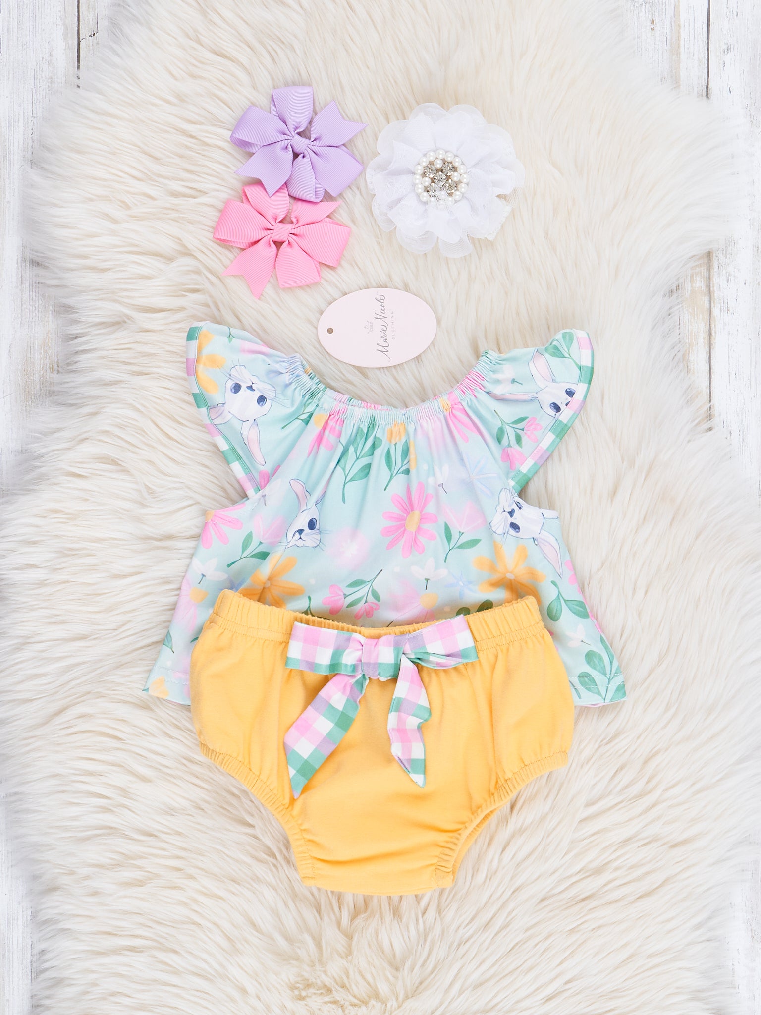 Pink & Green Gingham Bunny Ruffle Top & Bloomers Set - Marie Nicole Clothing