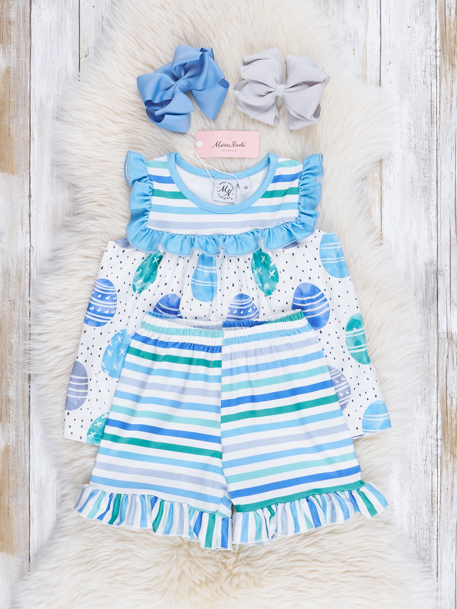 Blue Easter Egg Polka Dot Ruffle Outfit - Marie Nicole Clothing