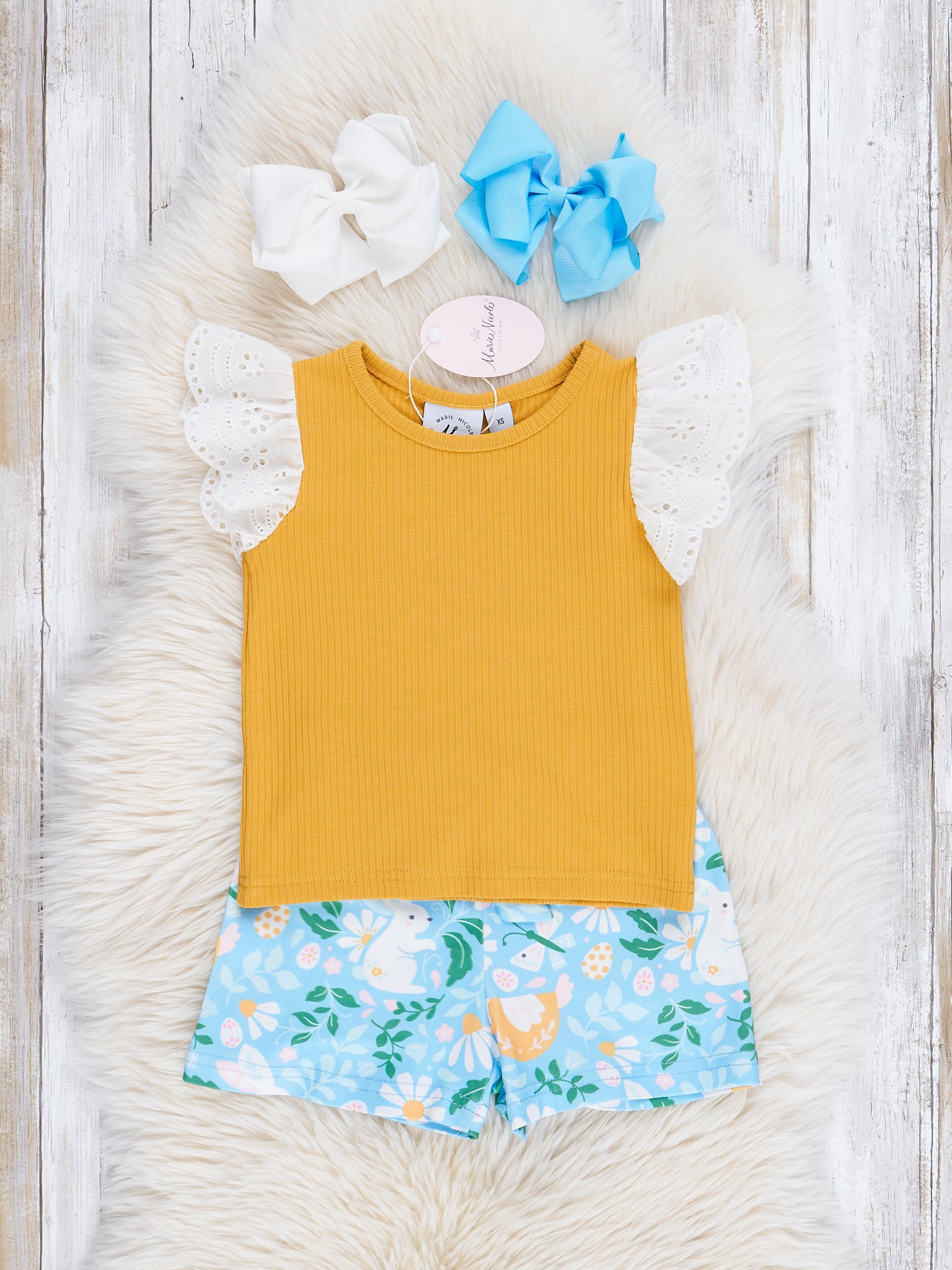 Mustard Bunny Daisy Ruffle Outfit - Marie Nicole Clothing