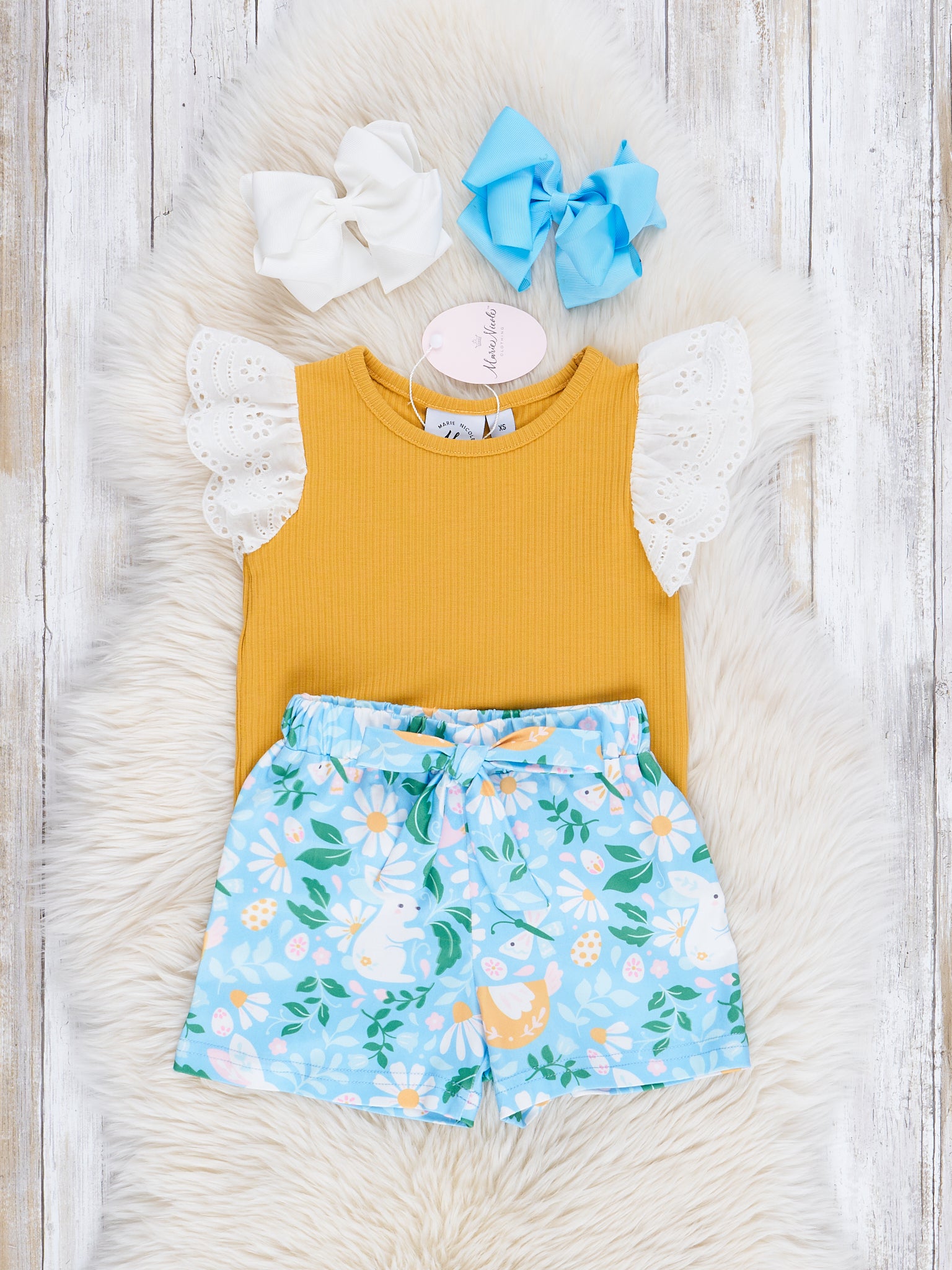 Mustard Bunny Daisy Ruffle Outfit - Marie Nicole Clothing