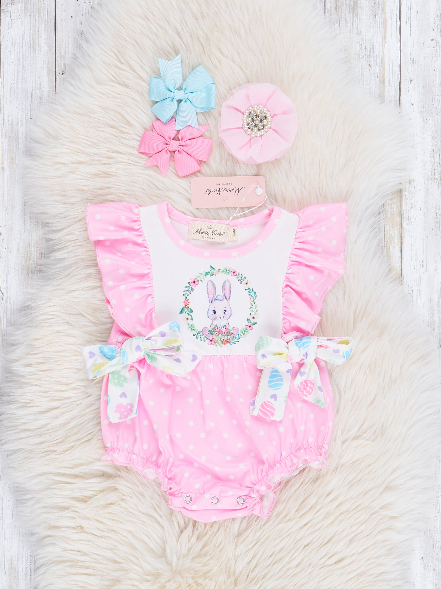Pink Polka Dot Bunny Ruffle Bubble Romper - Marie Nicole Clothing