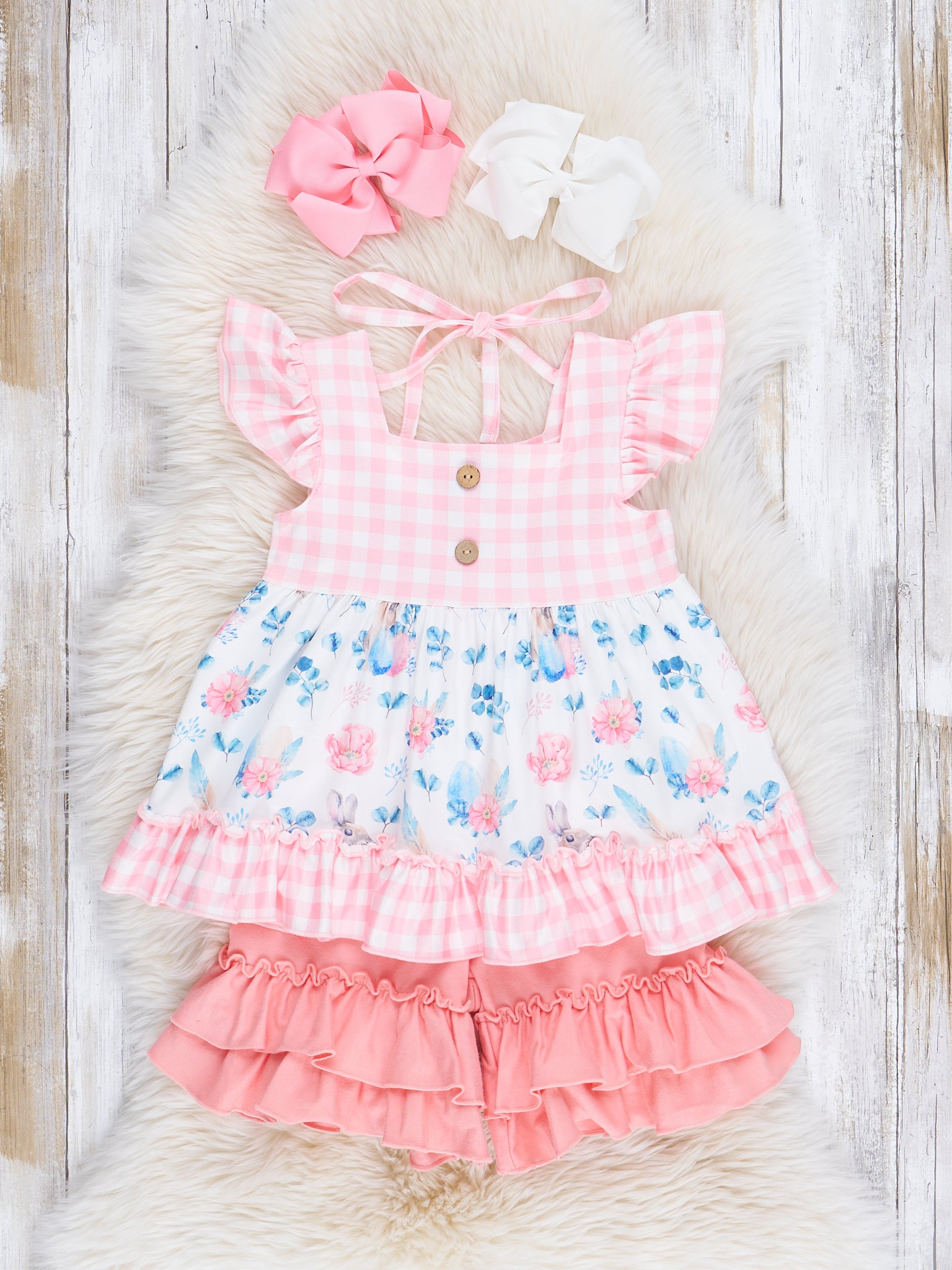 Coral Gingham Floral Easter Bunny Outfit - Marie Nicole Clothing