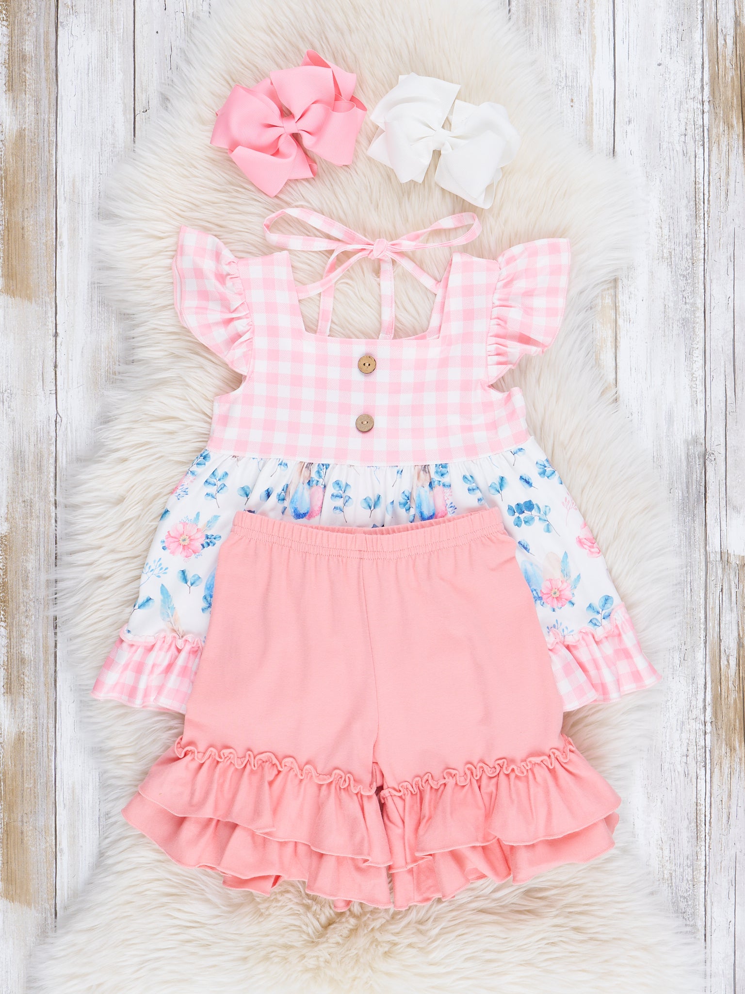 Coral Gingham Floral Easter Bunny Outfit - Marie Nicole Clothing