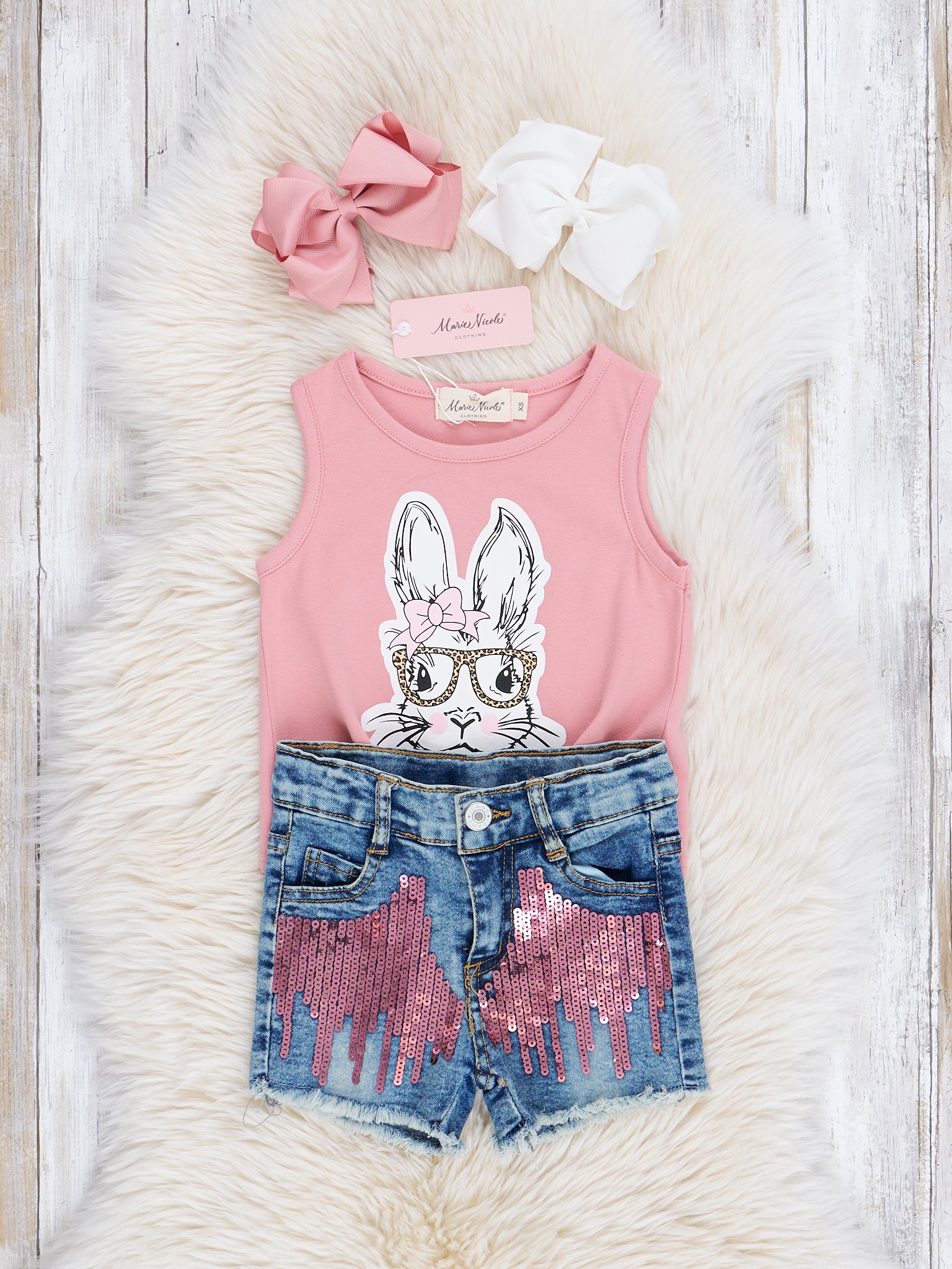 Pink Bunny Tie Tank & Sequin Denim Shorts Outfit - Marie Nicole Clothing
