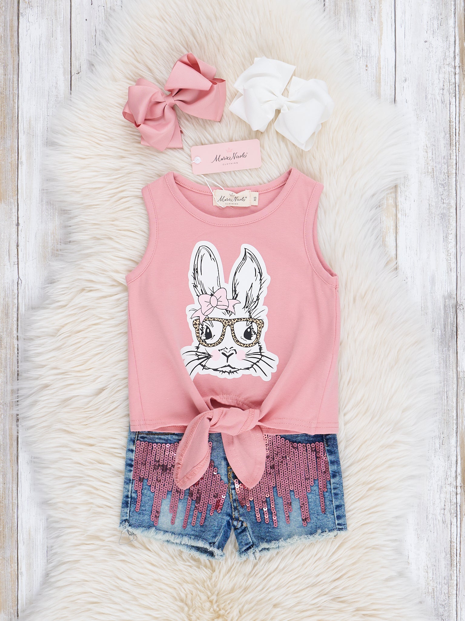 Pink Bunny Tie Tank & Sequin Denim Shorts Outfit - Marie Nicole Clothing