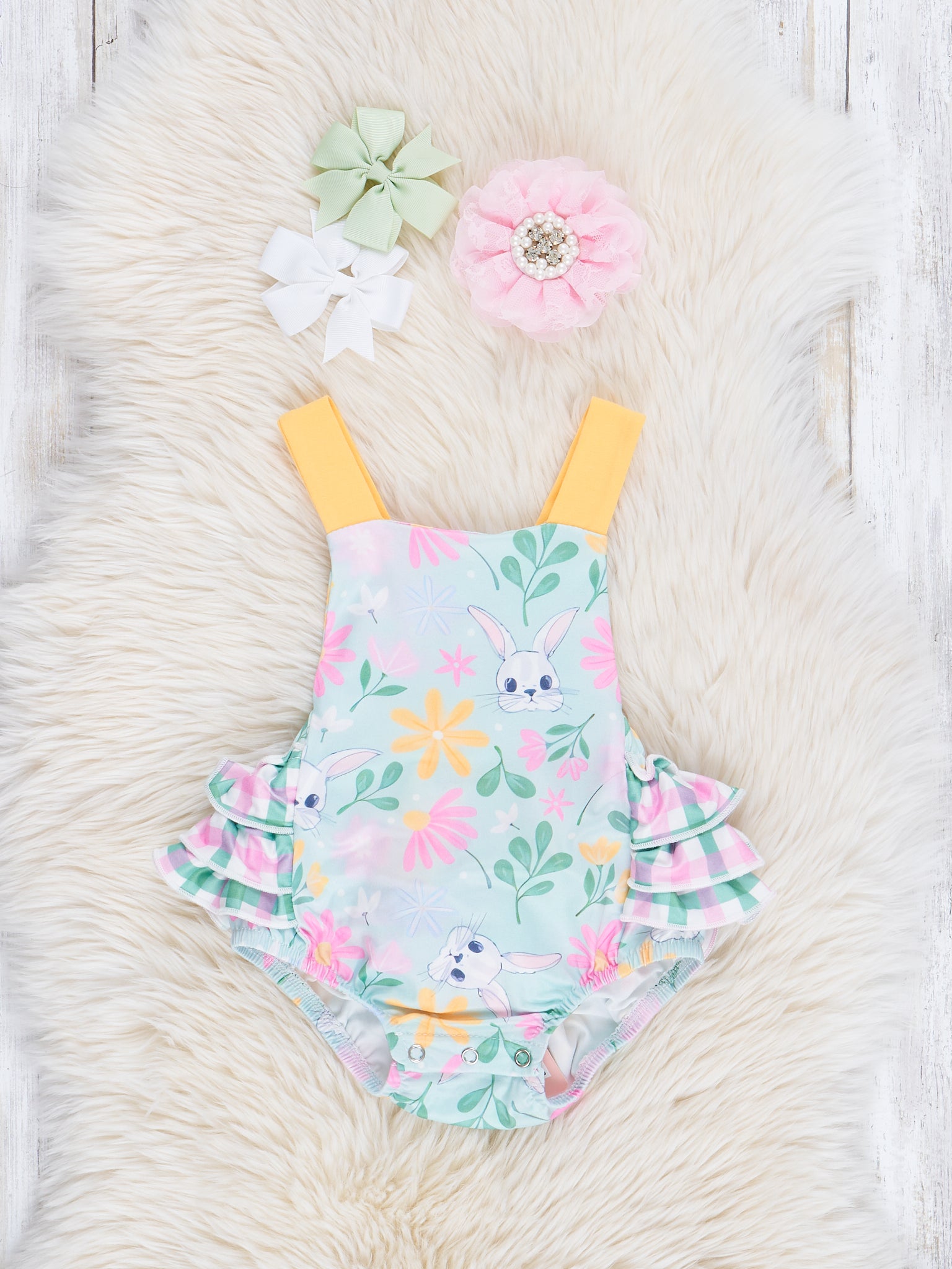 Pink & Green Gingham Bunny Ruffle Bubble Romper - Marie Nicole Clothing