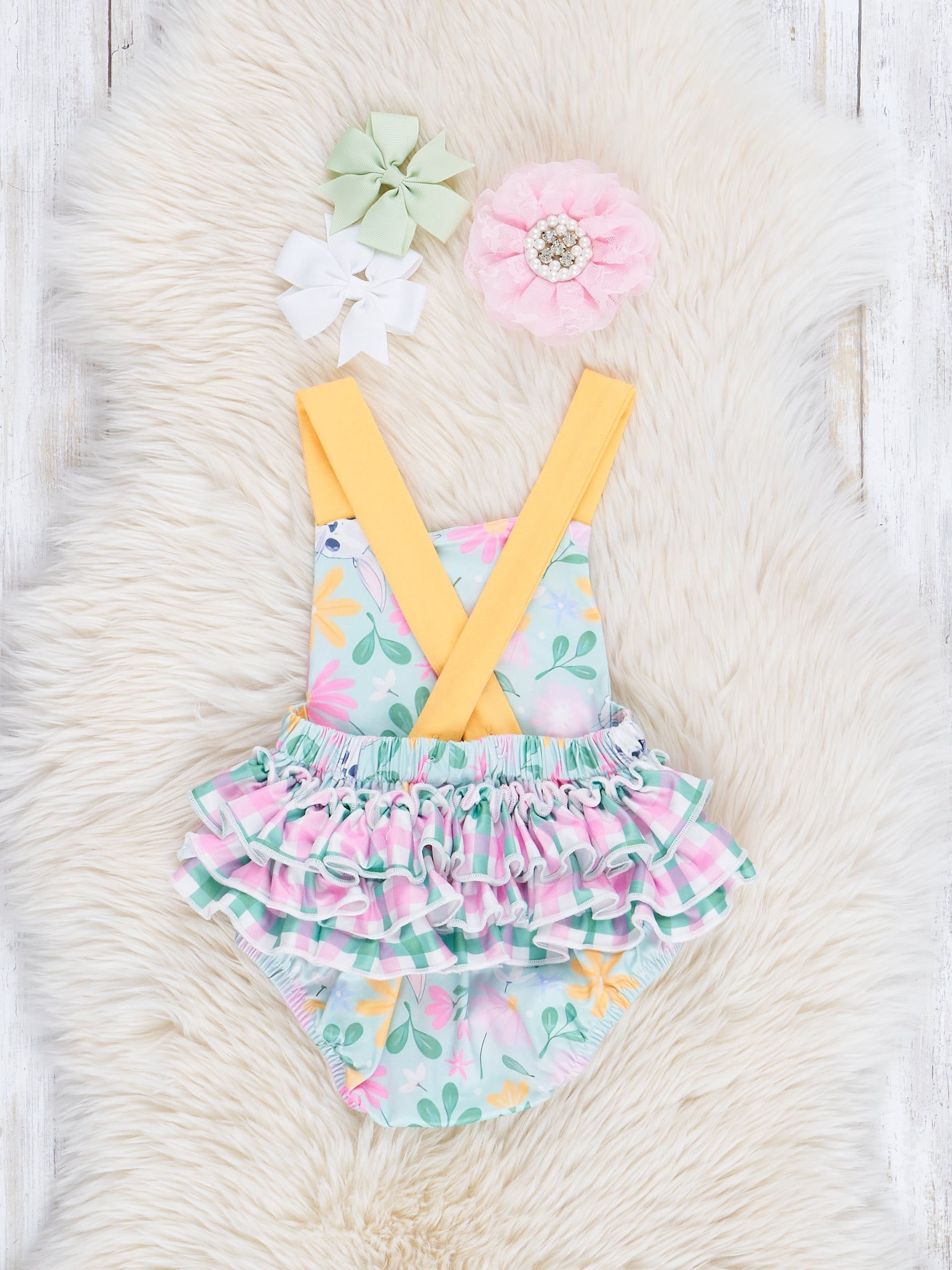 Pink & Green Gingham Bunny Ruffle Bubble Romper - Marie Nicole Clothing