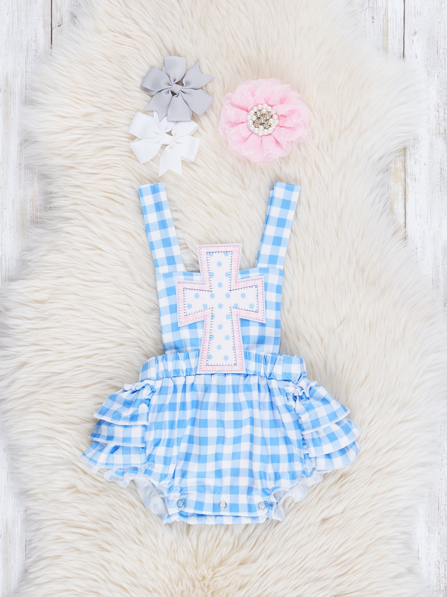 Blue Gingham Cross Ruffle Bubble Romper - Marie Nicole Clothing